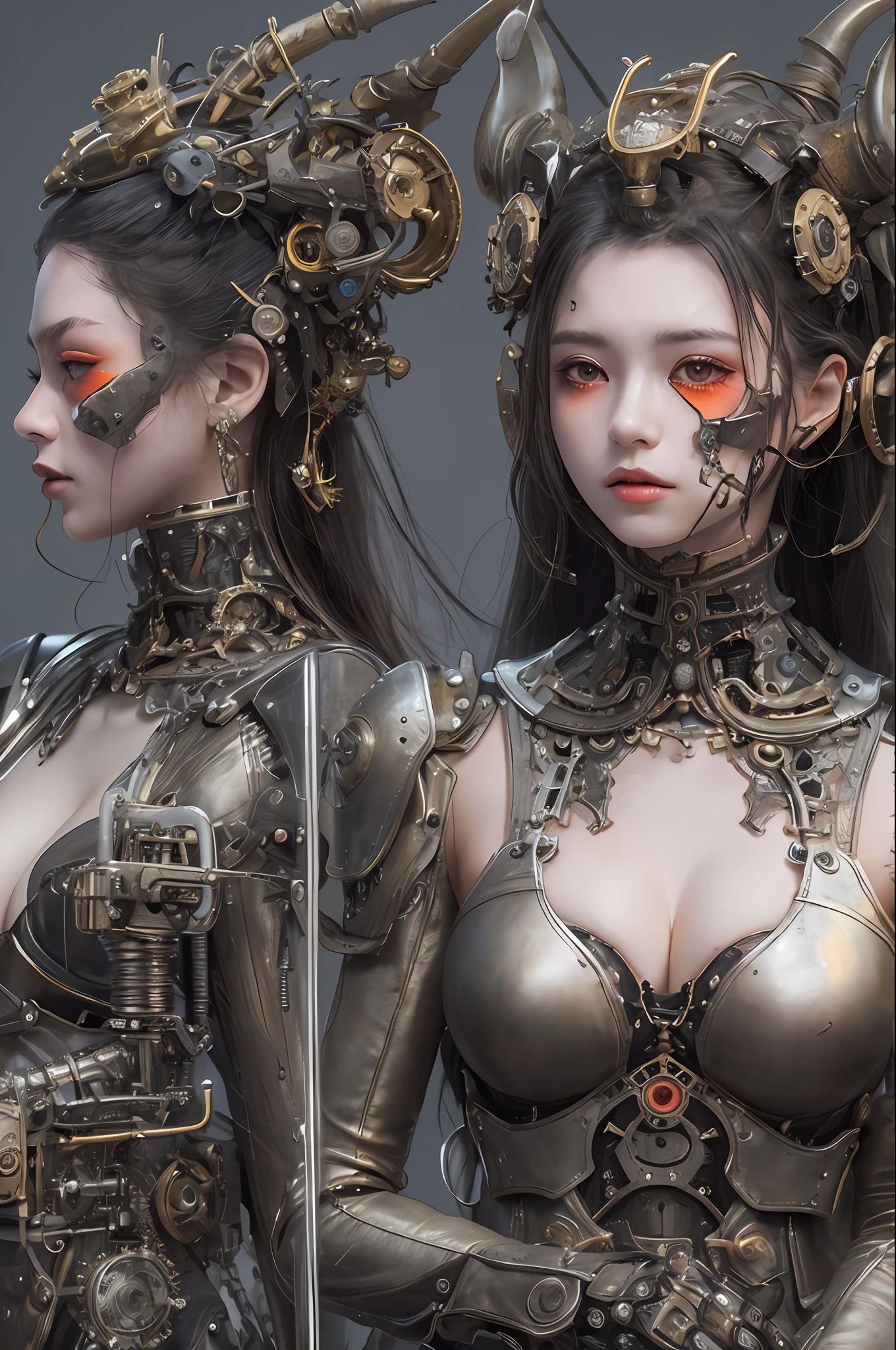 top-quality、masterpiece、超A high resolution、(Photorealsitic:1.4)、Raw photo、1人、Black hair、glowy skin、1 Machine Devil、large metal wings、Metal horns、((super realistic details))、portlate、globalillumination、Shadow、octan render、8K、ultrasharp、Colossal tits、Raw skin is exposed in cleavage、metals、Details of complex ornaments、Steampunk details、vacuum tubes、Nixie Kan、Oil pressure gauge、Glass Kan、Analog Meter、gear wheel、gear、Hydraulic cylinder、highly intricate detail、Realistic light、Red Eyes、radiant eyes、Facing the camera、neon details、Mechanical limbs、blood vessels connected to tubes、Mechanical vertebrae attached to the back、mechanical cervical attaching to neck、sitting on、Wires and cables connecting to the head、Small LED lamp、Sumerian details、