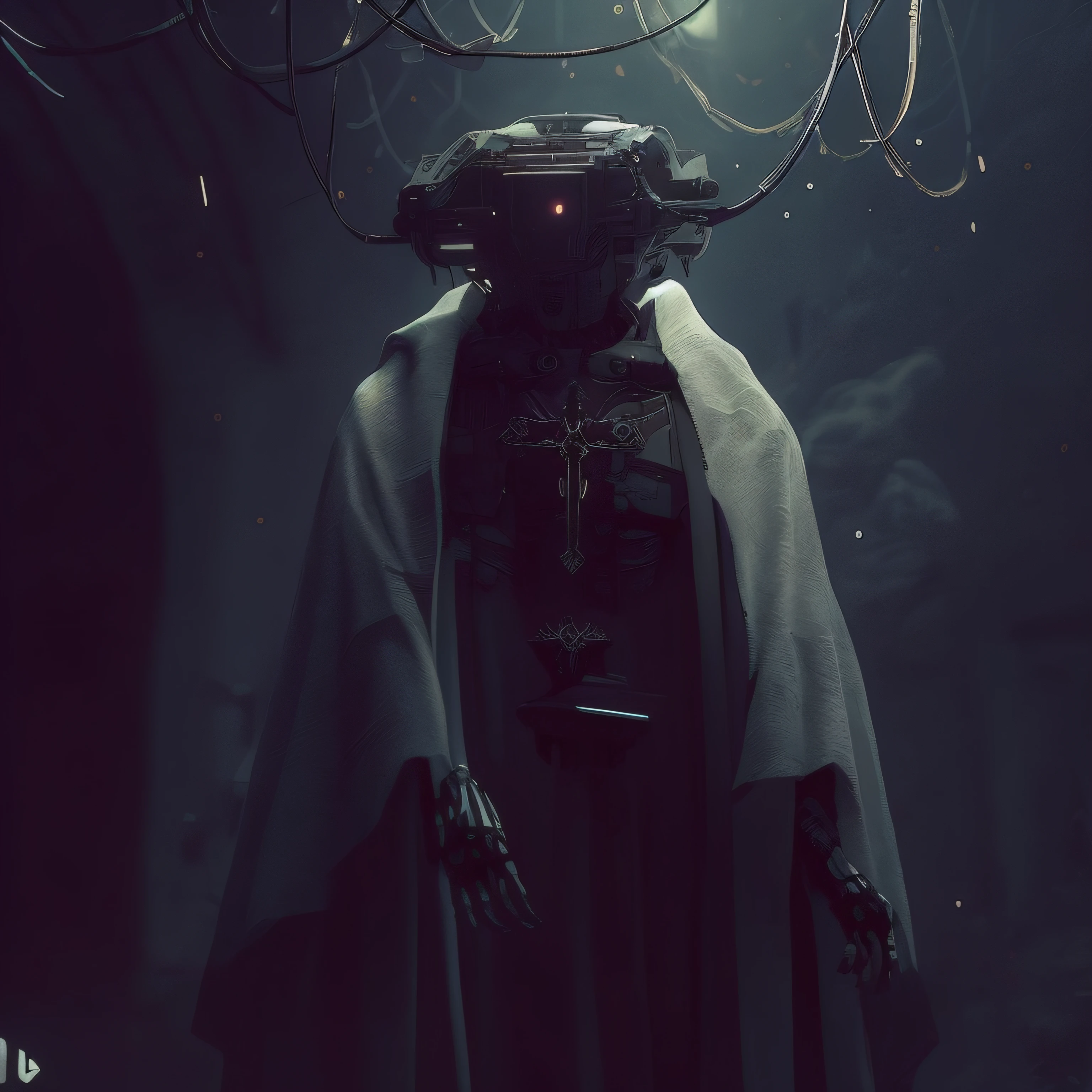 There's a sinister robot with a black robe and a white cape and a crucifix hanging, Cyberpunk ortodoxo, WLOP. Scifi, deep cyberpunk mechanoid, CGSetnação ), arte conceitual escura fotorrealista, estilo Cyberpunk silenciado, Wojtek FUS, dark sci-fi art, arte de fantasia sombria cyberpunk, Estilo de terror cyberpunk, dark cyberpunk illustration, CGSetalidade 9, CGSetalidade 8K, CGSetividade 8K