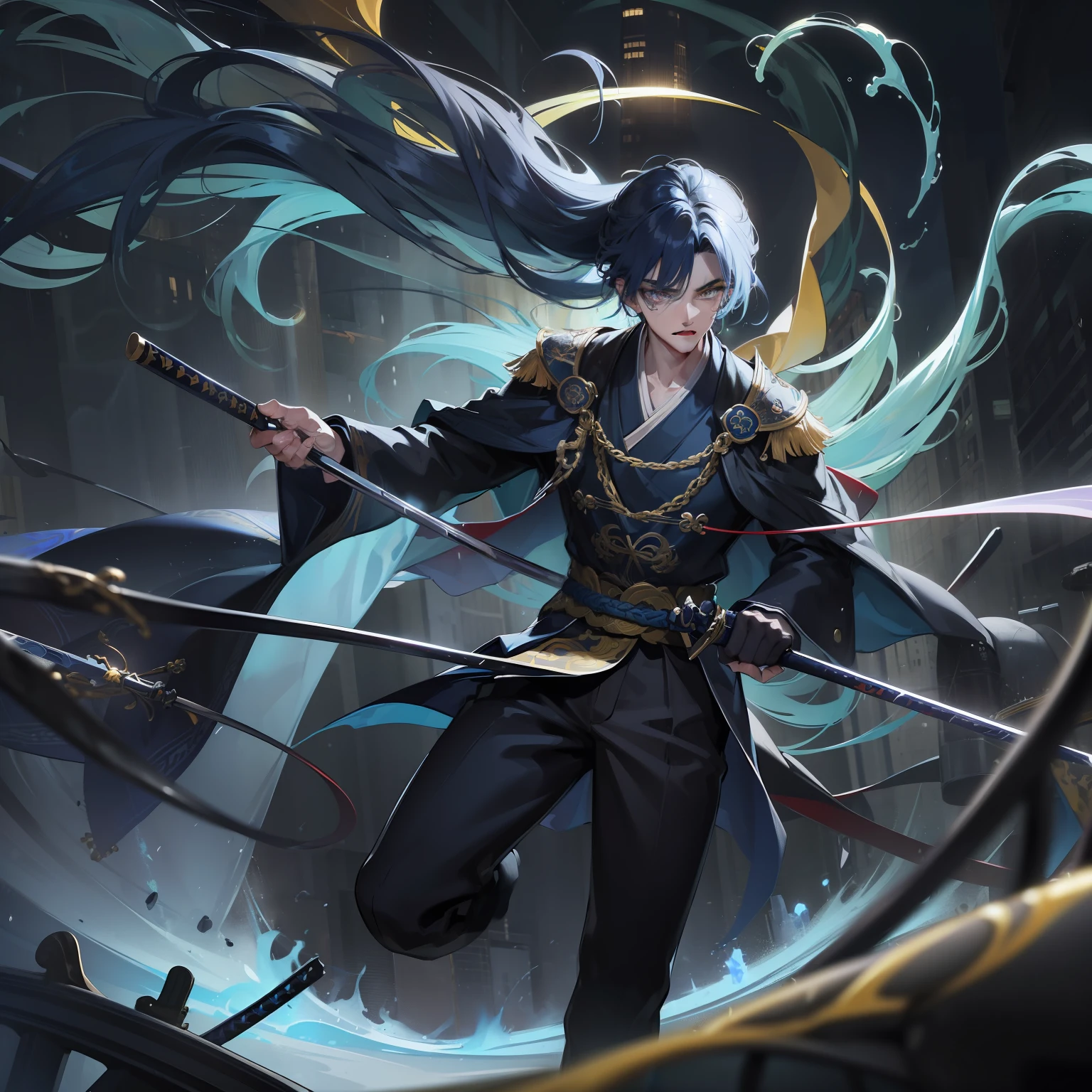 A high resolution, (Masterpiece:1.4), ultra - detailed, 1boy,dark-blue hair,Yellow pupils,Surrounded by blue flames,Two Japanese katanas in his hands,no extra limbs,Chu Zihang,Heavy rain on rainy nights,Viaduct on the highway,Maybach,The enemy is Odin,There are ghosts。