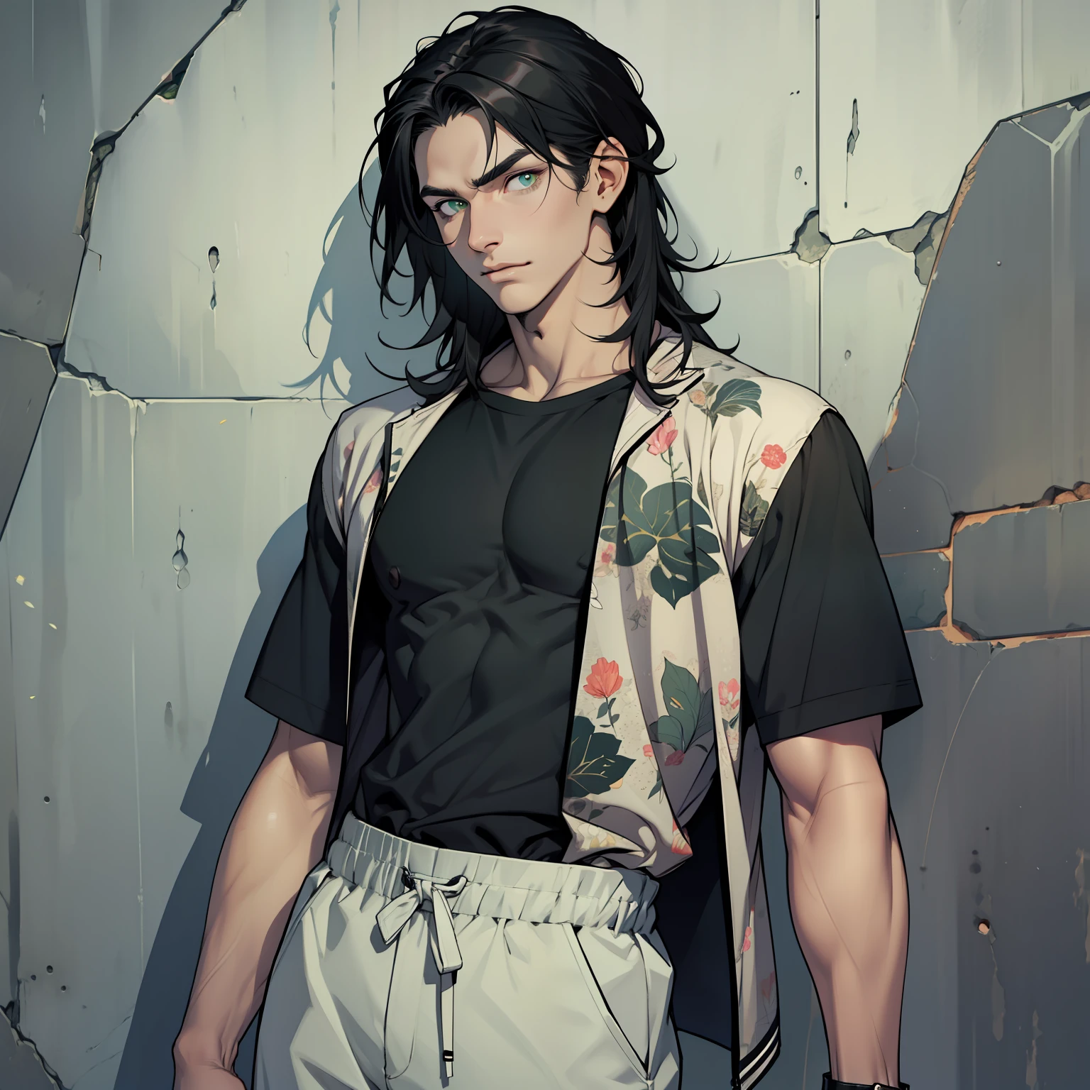 Handsome man, emerald eyes, black hair, long black hair, pale skin, casual clothes