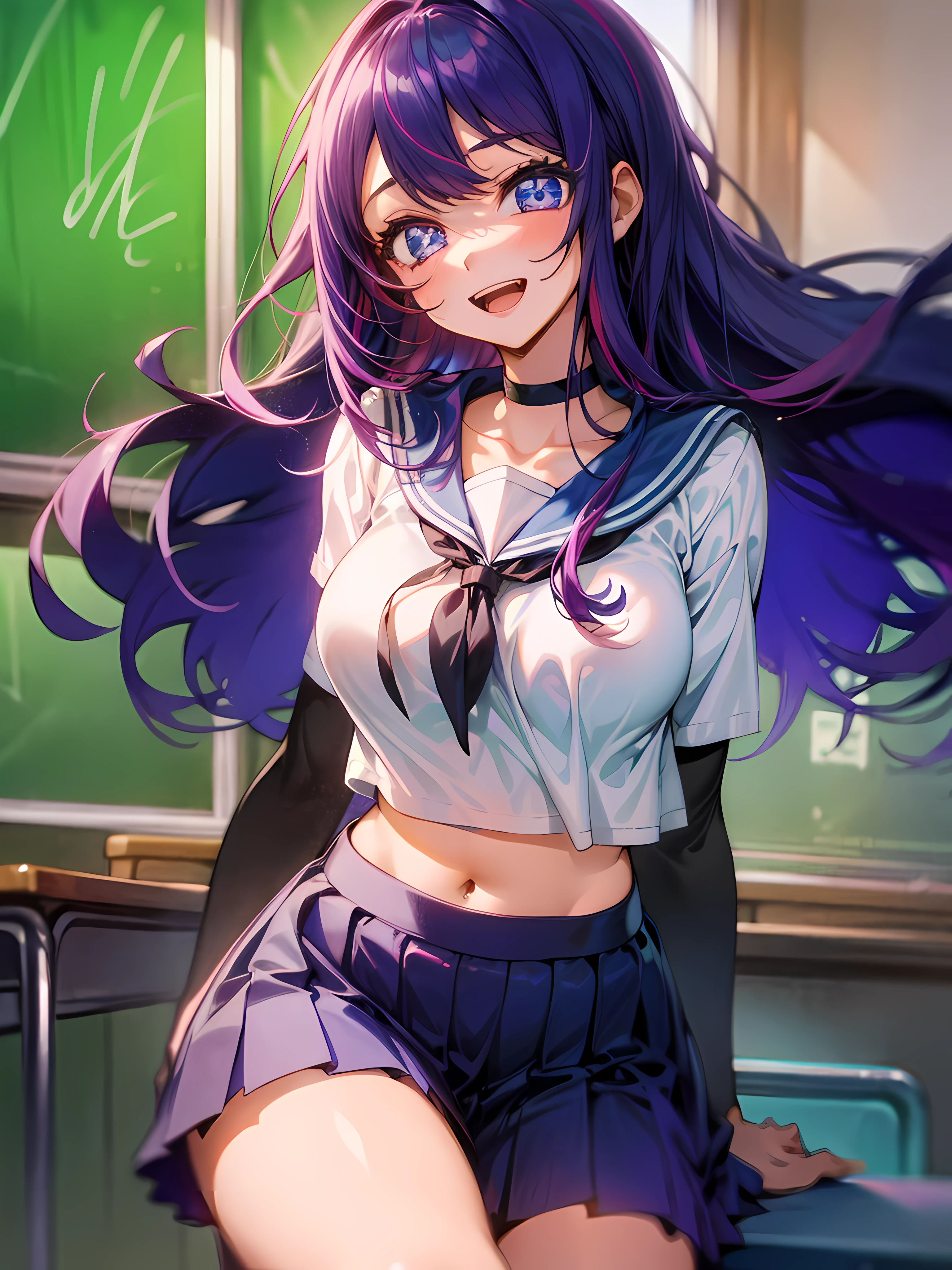 1girll, sitting on the classroom desk, ‎Classroom, Purple colored hair,Blowing hair, Long hair, blue color eyes,Shining eyes,Detailed eyes,Skirt, Solo, upper legs, Sailor school uniform, navel, Pleated skirt, midriff, Blue eyes, White shirt, Collar, Smile, Medium breasts, view the viewer, Open mouth,,Large breasts,