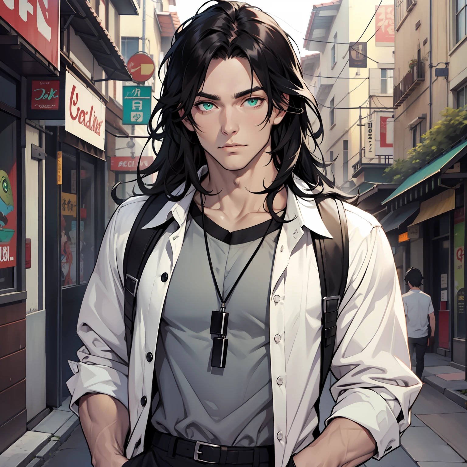 Handsome man, emerald eyes, black hair, long black hair, pale skin, casual clothes