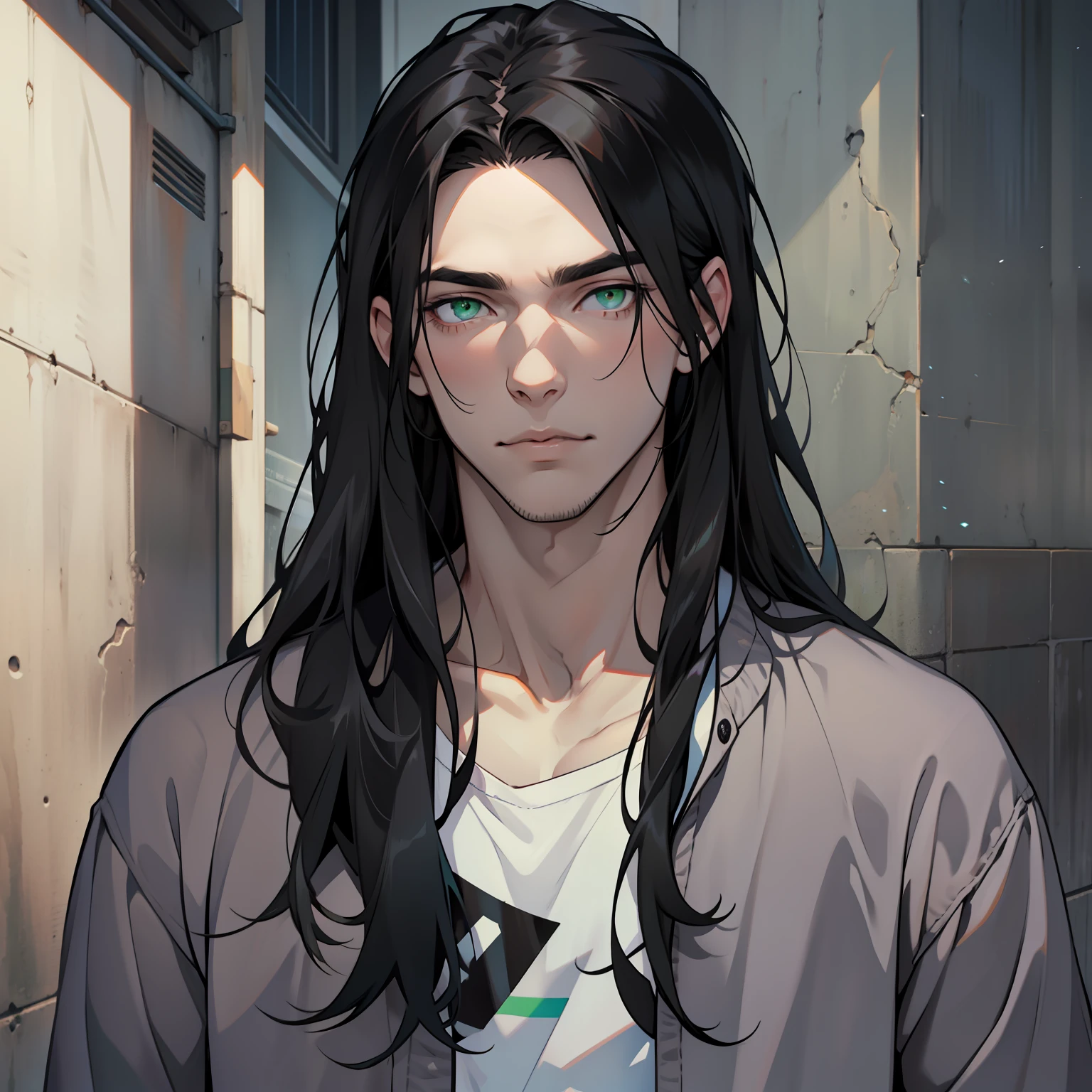 Handsome man, emerald eyes, black hair, long black hair, pale skin, casual clothes