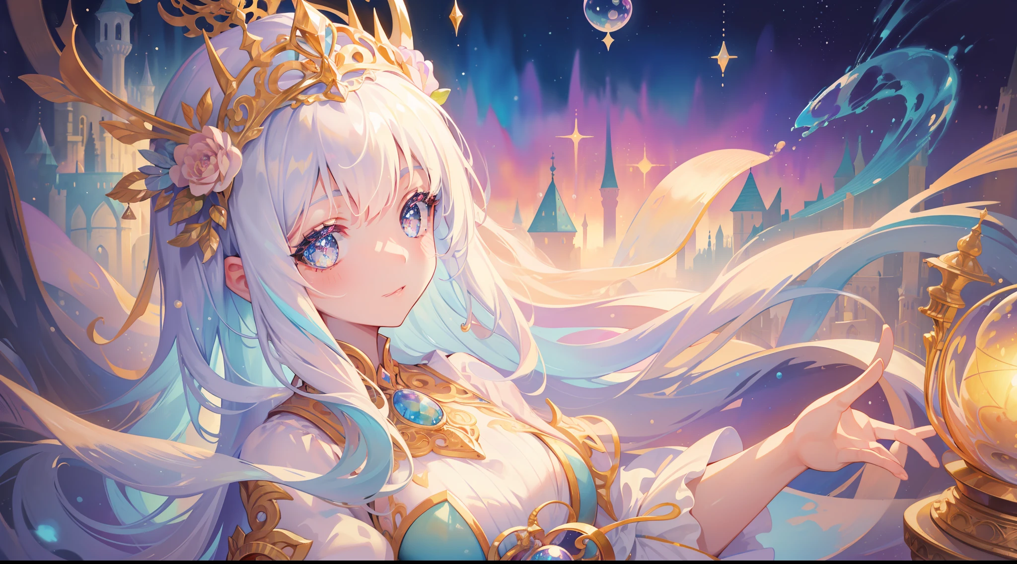 masterpiece, best quality, 8k resolution, sharp focus, intricate detail, beautiful girl, sparkling eyes, golden ratio face, otherworldly liquid, watercolor, ((pastel colors)), bright colors, whimsical, colorful, sharp focus, high resolution, fine detail, princess fantasy ballgown, ((round eyes)), iridescent bubbles, castle landscape in background