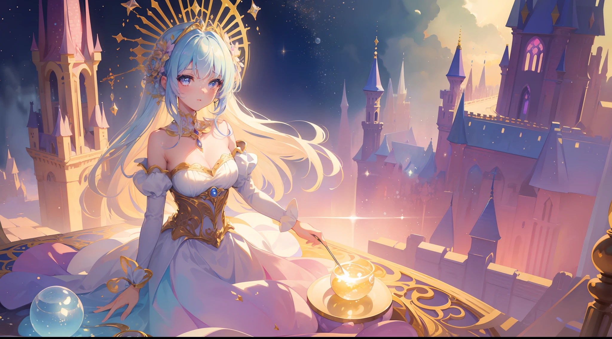 masterpiece, best quality, 8k resolution, sharp focus, intricate detail, beautiful girl, sparkling eyes, golden ratio face, otherworldly liquid, watercolor, ((pastel colors)), bright colors, whimsical, colorful, sharp focus, high resolution, fine detail, princess fantasy ballgown, ((round eyes)), iridescent bubbles, castle landscape in background