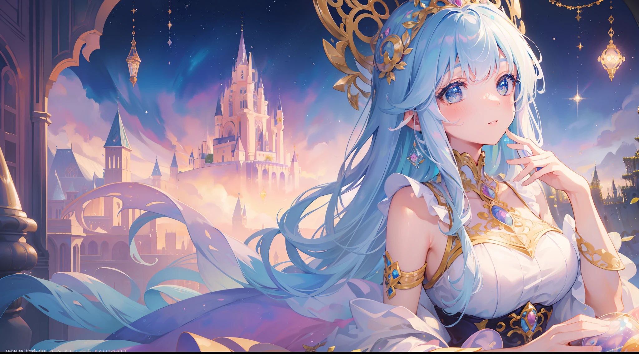masterpiece, best quality, 8k resolution, sharp focus, intricate detail, beautiful girl, sparkling eyes, golden ratio face, otherworldly liquid, watercolor, ((pastel colors)), bright colors, whimsical, colorful, sharp focus, high resolution, fine detail, princess fantasy ballgown, ((round eyes)), iridescent bubbles, castle landscape in background