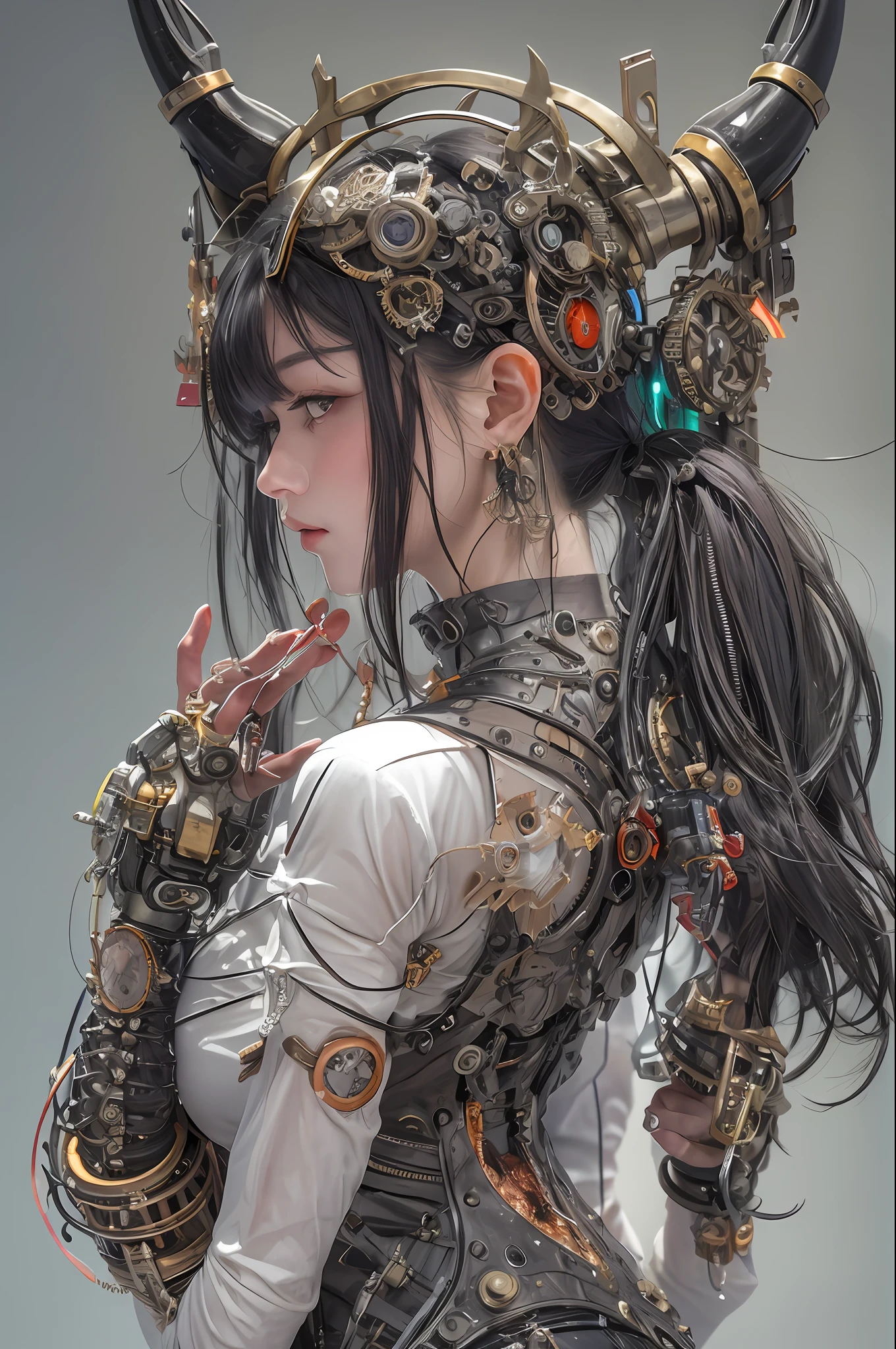 top-quality、masterpiece、超A high resolution、(Photorealsitic:1.4)、Raw photo、女の子1人、Black hair、glowy skin、1 Machine Devil、large metal wings、Metal horns、((super realistic details))、portlate、globalillumination、Shadow、octan render、8K、ultrasharp、Colossal tits、Raw skin is exposed in cleavage、metals、Details of complex ornaments、Steampunk details、vacuum tubes、Nixie Kan、Oil pressure gauge、Glass Kan、Analog Meter、gear wheel、gear、Hydraulic cylinder、highly intricate detail、Realistic light、Red Eyes、radiant eyes、Facing the camera、neon details、Mechanical limbs、blood vessels connected to tubes、Mechanical vertebrae attached to the back、mechanical cervical attaching to neck、sitting on、Wires and cables connecting to the head、Small LED lamp、Sumerian details、