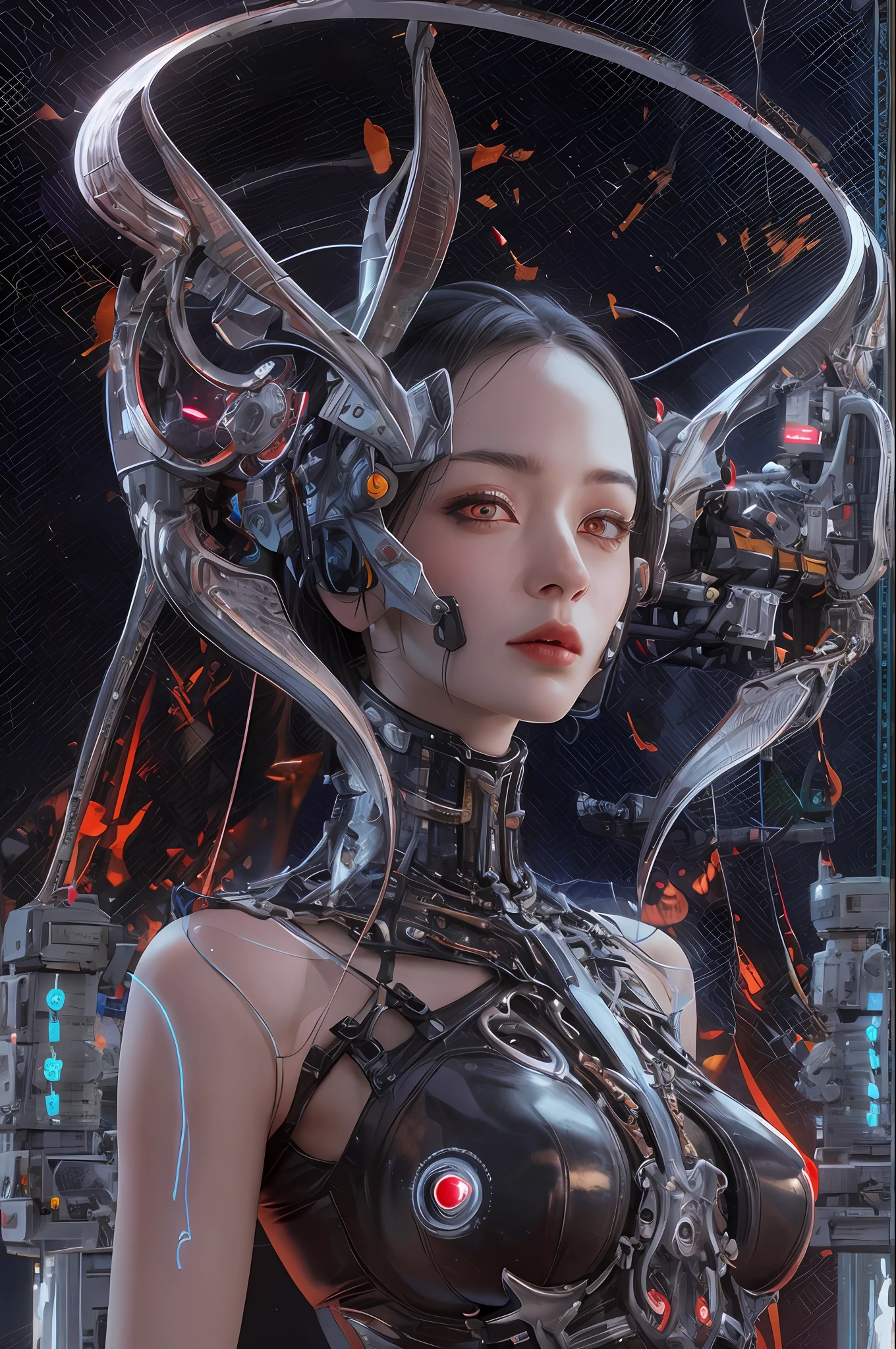 top-quality、masterpiece、超A high resolution、(Photorealsitic:1.4)、Raw photo、女の子1人、Black hair、glowy skin、1 Machine Devil、large metal wings、Metal horns、((super realistic details))、portlate、globalillumination、Shadow、octan render、8K、ultrasharp、Colossal tits、Raw skin is exposed in cleavage、Black fiberglass body、Details of complex ornaments、About Cyberpunk、Glowing LEDs、IC chips、Data Links、Hydraulic cylinder、highly intricate detail、Realistic light、Red Eyes、radiant eyes、Facing the camera、neon details、Mechanical limbs、blood vessels connected to tubes、Mechanical vertebrae attached to the back、mechanical cervical attaching to neck、cowboy shot、Wires and cables connecting to the head、Luminous tube、Small LED lamp、Sumerian details、