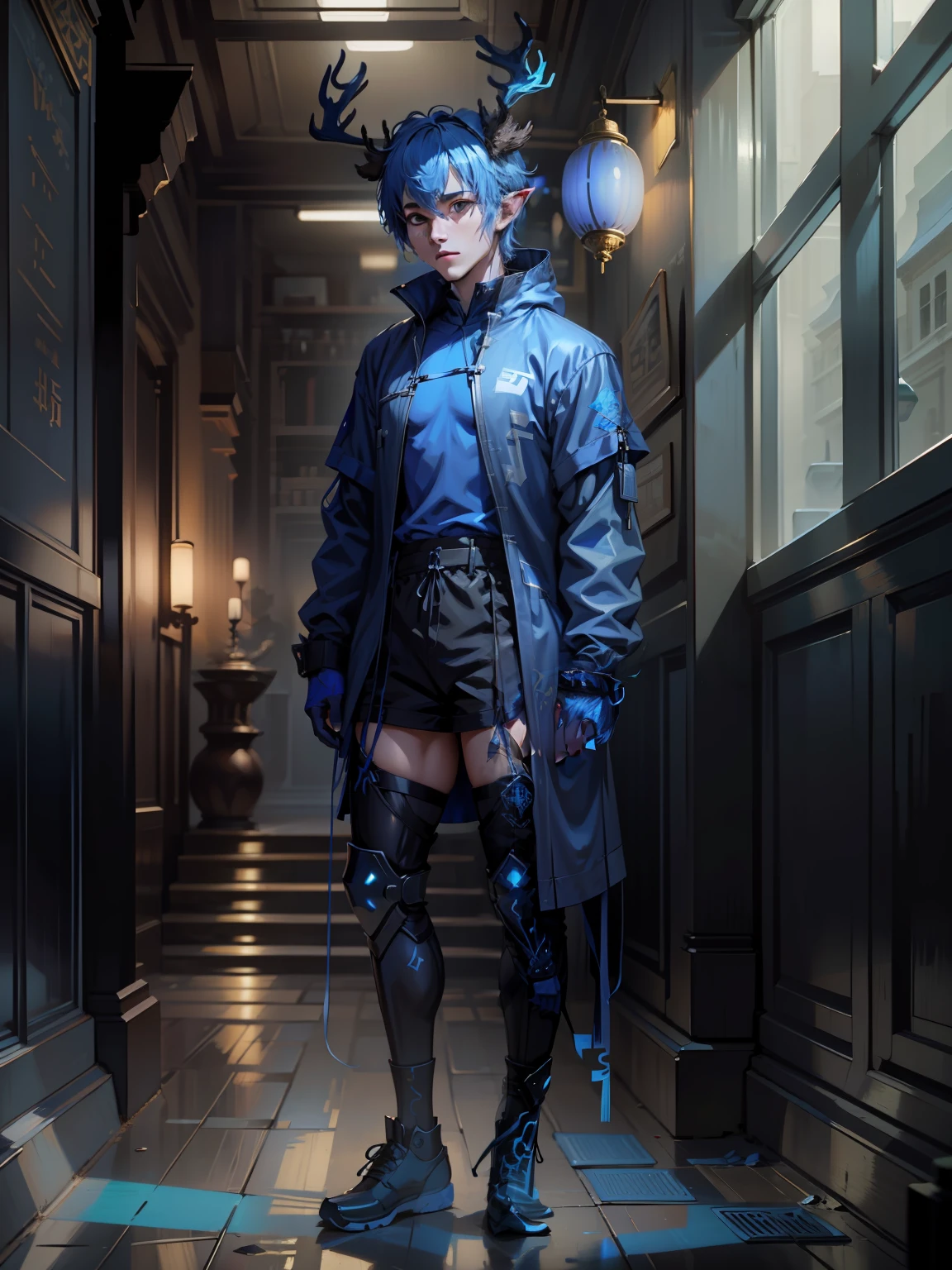 Blue short hair, male, china deer horns on head, blue techwear, standing, blue hair elf, china dragon