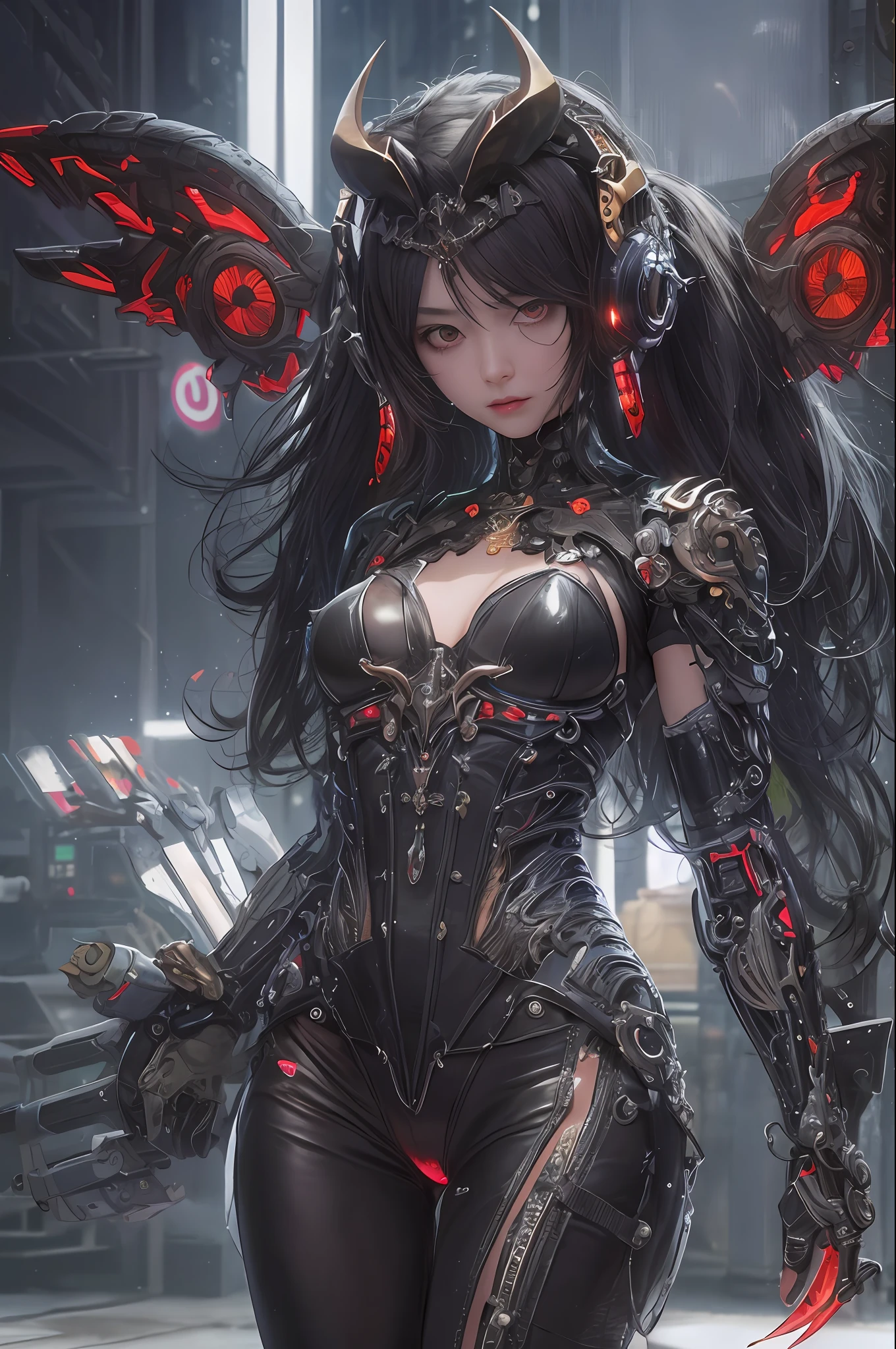 top-quality、masterpiece、超A high resolution、(Photorealsitic:1.4)、Raw photo、女の子1人、Black hair、glowy skin、1 Machine Devil、large metal wings、Metal horns、((super realistic details))、portlate、globalillumination、Shadow、octan render、8K、ultrasharp、Colossal tits、Raw skin is exposed in cleavage、Black fiberglass body、Details of complex ornaments、About Cyberpunk、Glowing LEDs、IC chips、Data Links、Hydraulic cylinder、highly intricate detail、Realistic light、Red Eyes、radiant eyes、Facing the camera、neon details、Mechanical limbs、blood vessels connected to tubes、Mechanical vertebrae attached to the back、mechanical cervical attaching to neck、cowboy shot、Wires and cables connecting to the head、Luminous tube、Small LED lamp、Sumerian details、