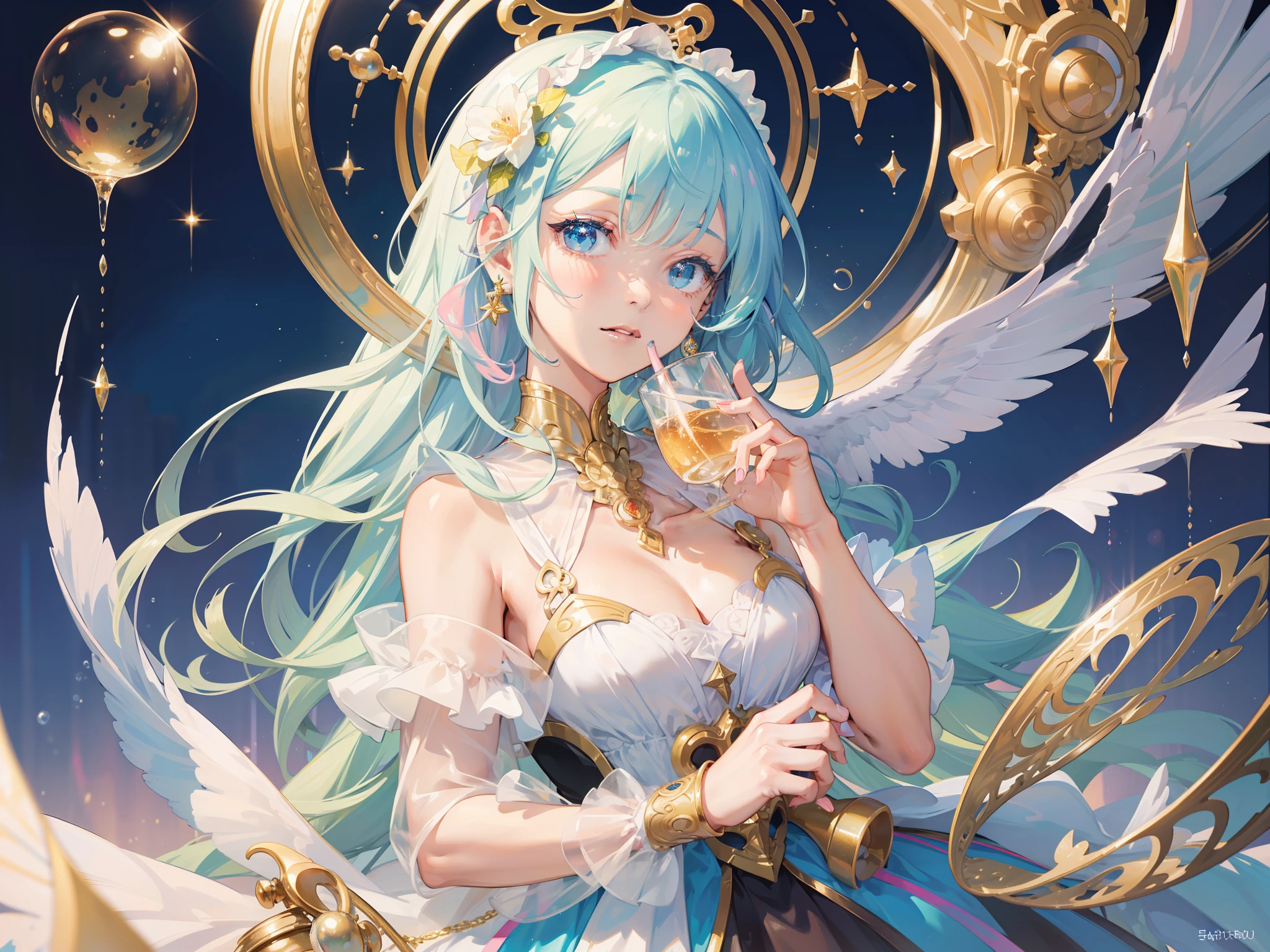 Anime girl with blue hair and angel wings holding a glass of wine ...