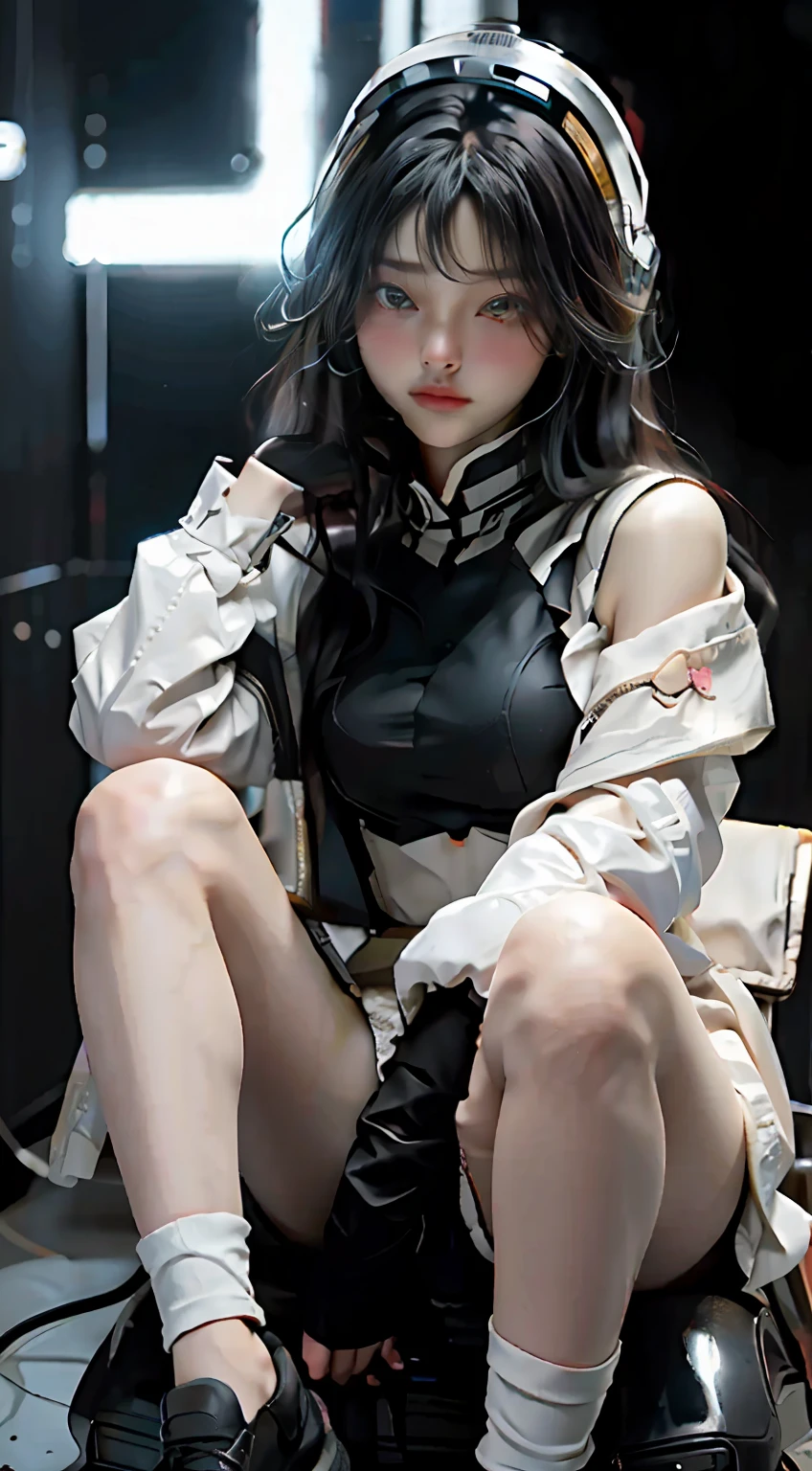 Highest image quality，Outstanding details，超高分辨率，（Fidelity：1.4），The best illustration，Favor the details，Highly cohesive 1girl，He has a delicate and beautiful face，Human real skin texture，Dressed in a white-pink mech，wearing a mech helmet，Hold the direction controller，Riding on a motorcycle，Legs exposed，Wear black socks on your legs，The background is a high-tech lighting scene in the future city。