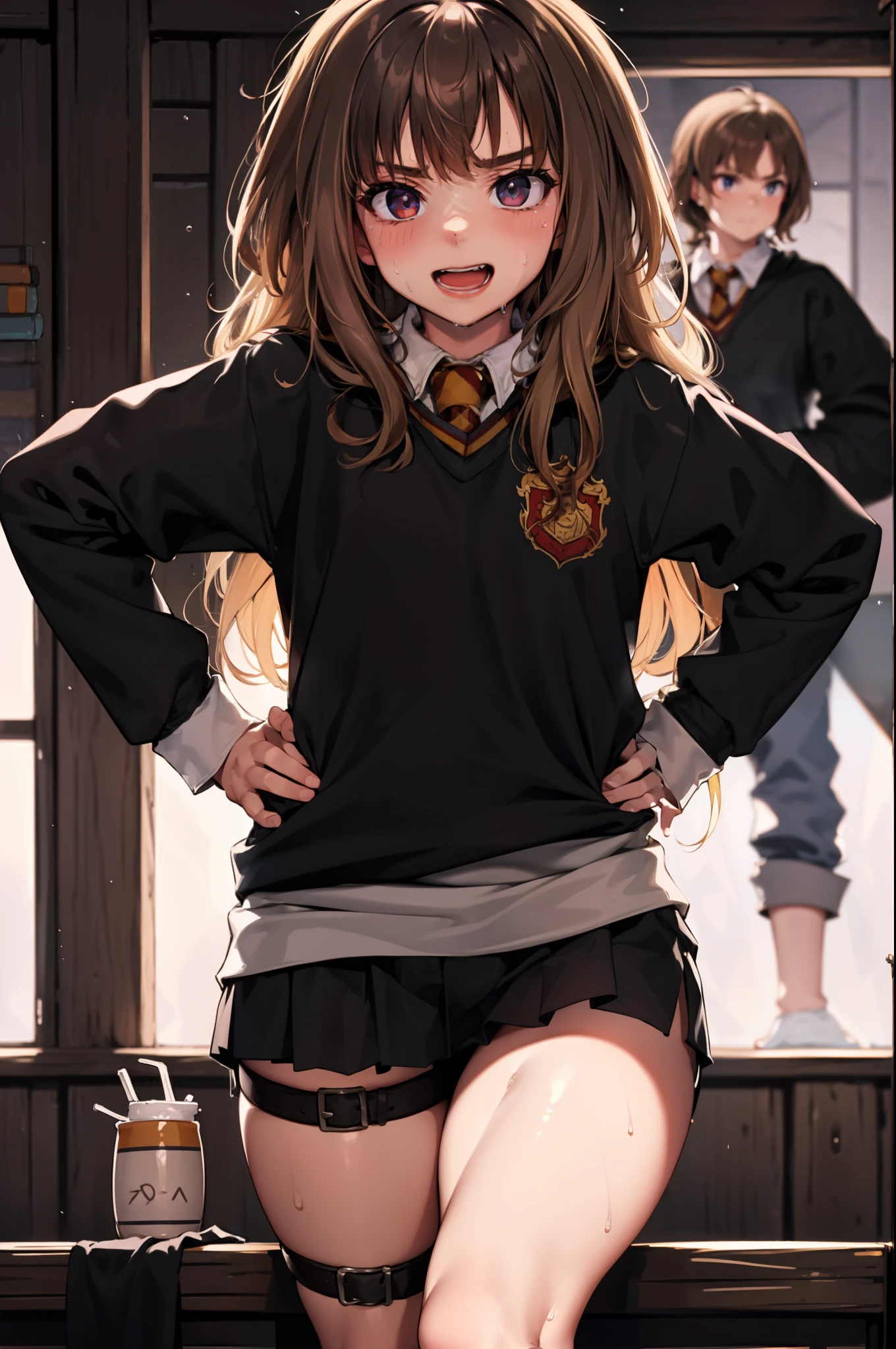 Masterpiece, hiquality, Dynamic Angle, Cowboy shot, 15 years, 1girl, child, 独奏, Hermione Granger, shirt, leggins, Highly Detailed Beautiful Face and Eyes, Beautiful skin, Wet, blushful, Perfect anatomical smile, thigh strap, Walking, Hands Behind Your Back, Classroom, Sun light, little chest, thights, wide thighs, Athletic hips, Erotica, Sex, trembling, the sweat, heavy breathing,