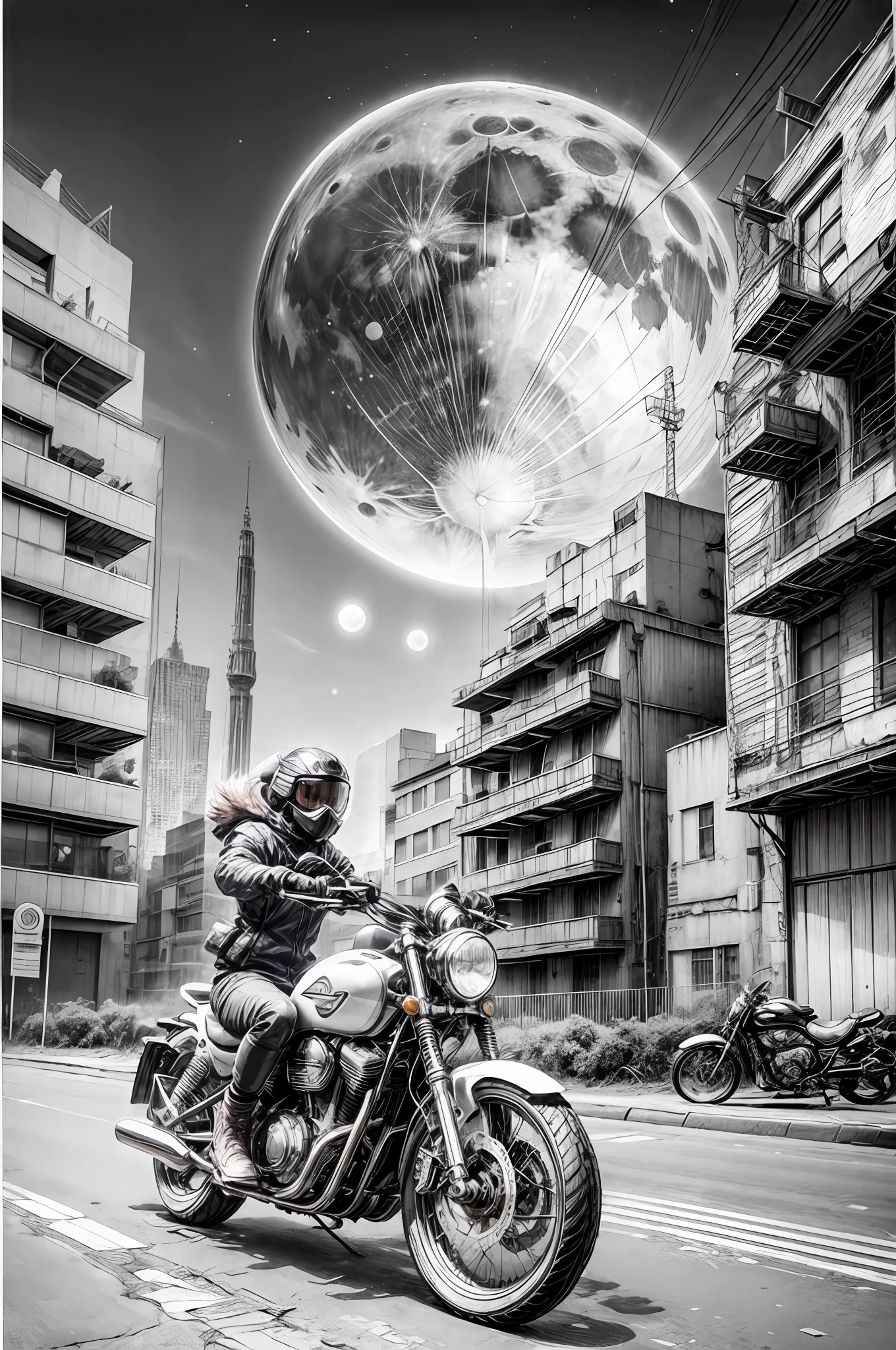 best quality, masterpiece, photo, 4K, photorealistic,
1girl riding motobike, techwear, cyberpunk city, solo, futuristic, huge moon in the background, cel shading, black and white, by Akira Toriyama, closeup,