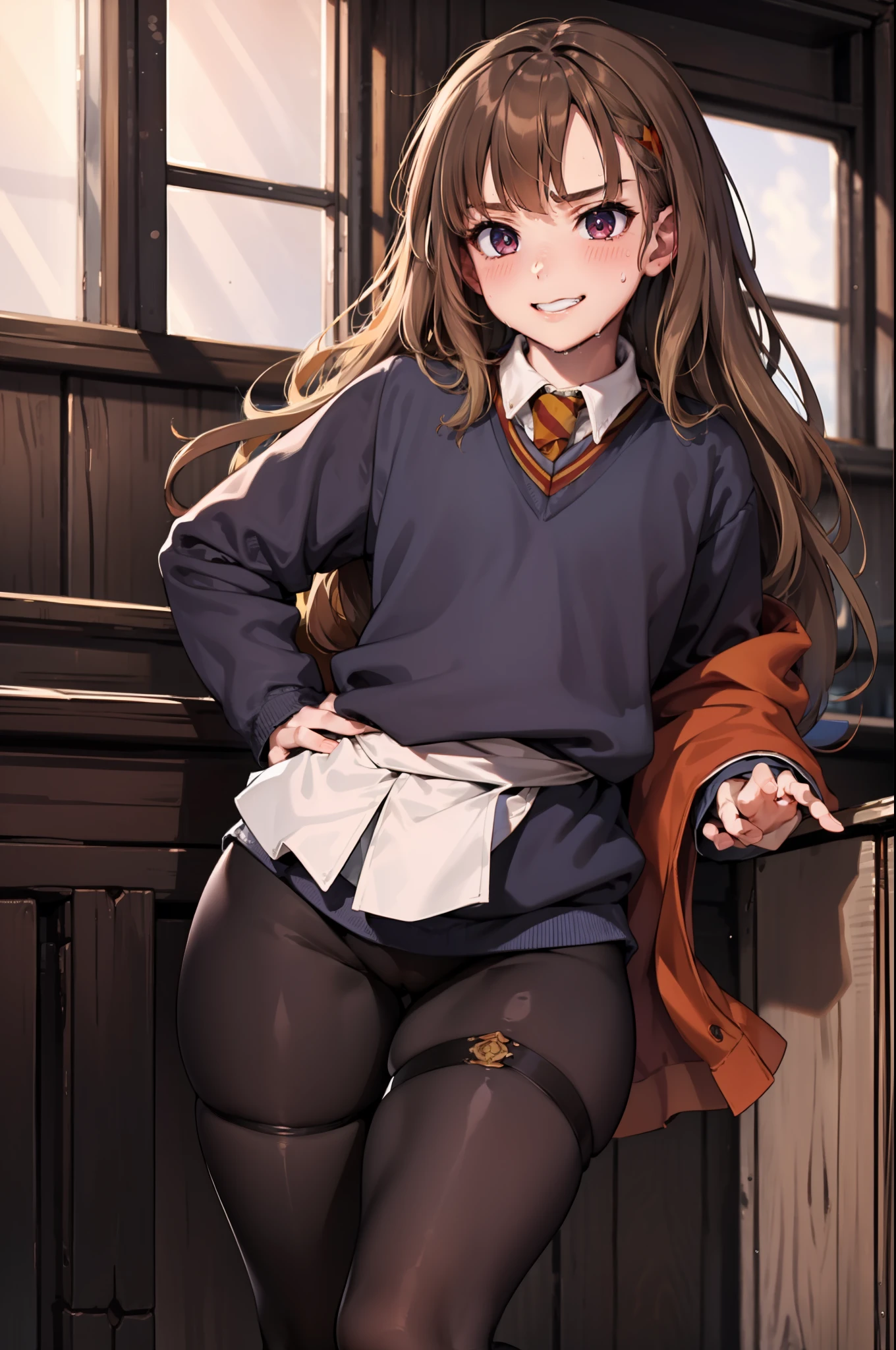 Masterpiece, hiquality, Dynamic Angle, Cowboy shot, 15 years, 1girl, child, 独奏, Hermione Granger, shirt, leggins, Highly Detailed Beautiful Face and Eyes, Beautiful skin, Wet, blushful, Perfect anatomical smile, thigh strap, Walking, Hands Behind Your Back, Classroom, Sun light, little chest, thights, wide thighs, Athletic hips, Erotica, Sex, trembling, the sweat, heavy breathing,