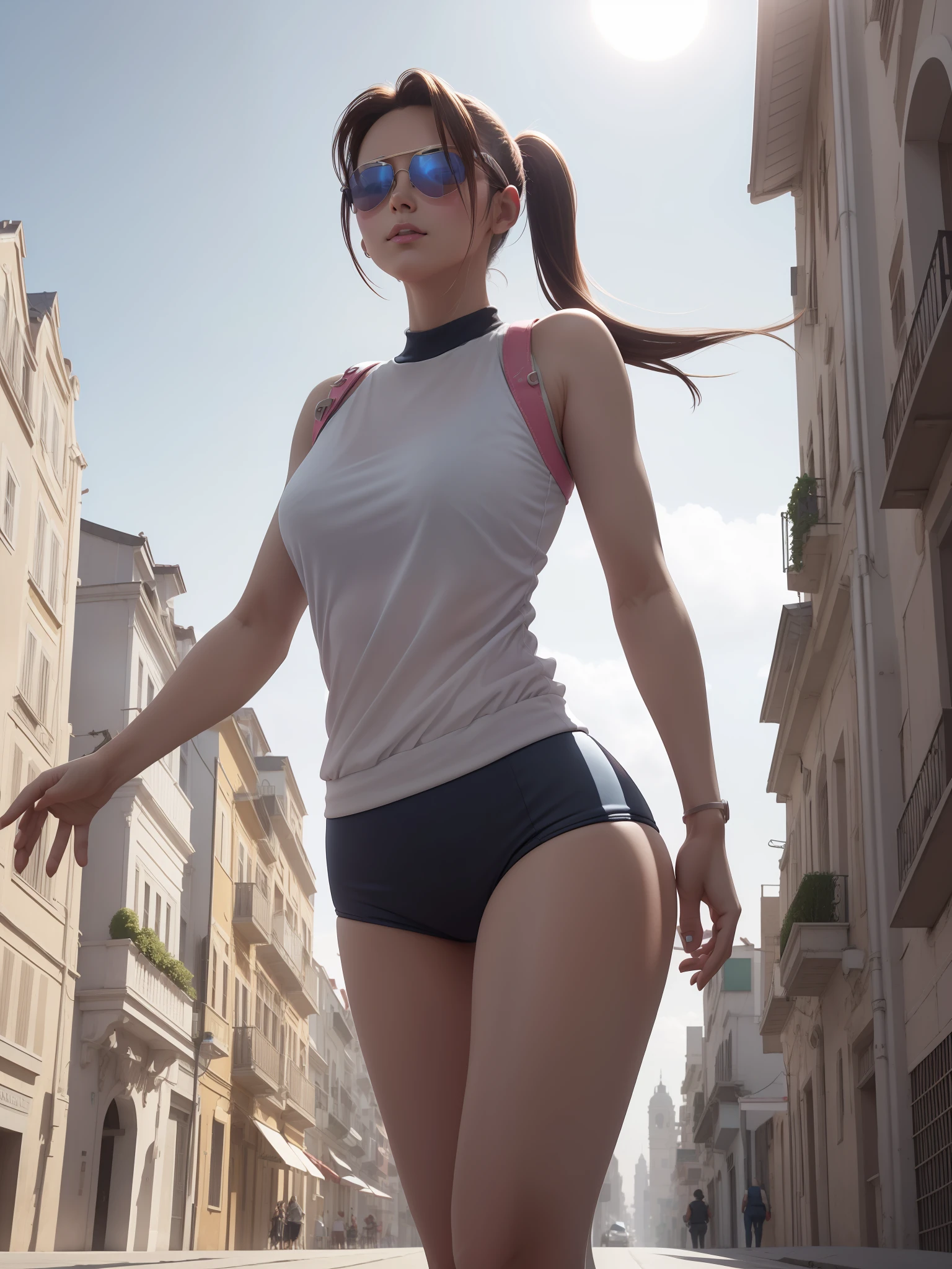 (master part), best quality. Beautiful woman with an athletic body, roupas de lycra, longos cabelos loiros amarrados, (((sun glasses))), elegante, atordoante, Caminhando por uma rua de asfalto, Cidade em segundo plano, blue skies. dia ensolarado, luz natural.cinemactic, global ilumination, incrivelmente detalhado, digital illustation, Sombra celular, Rastreamento de vray, ultra realistic, DSLR, 8k