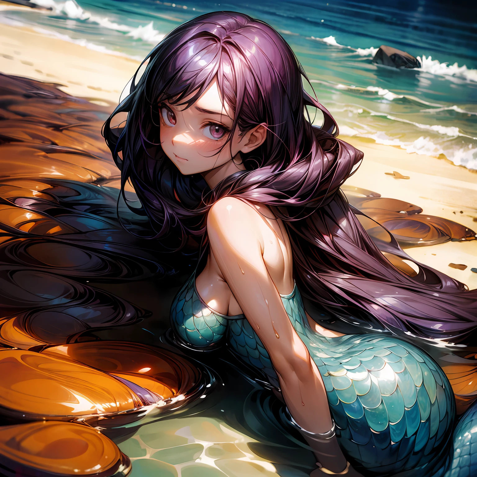 In the Style of Anime-Illustration, Portrait image, A Mermaid frolicking in a sunlit pool, Her straight - purple pink - lustrous hair, falling in waves as her gleaming scales shimmer beneath the warm summer sun, wet skin and deep - brown - eyes, looking at viewer, behind her is a secret tropical island as background, Anime Concept Art, art by Atey ghailan-Artem demura-Tom bagshaw, key-visuals by Studio Trigger and Sam Yang