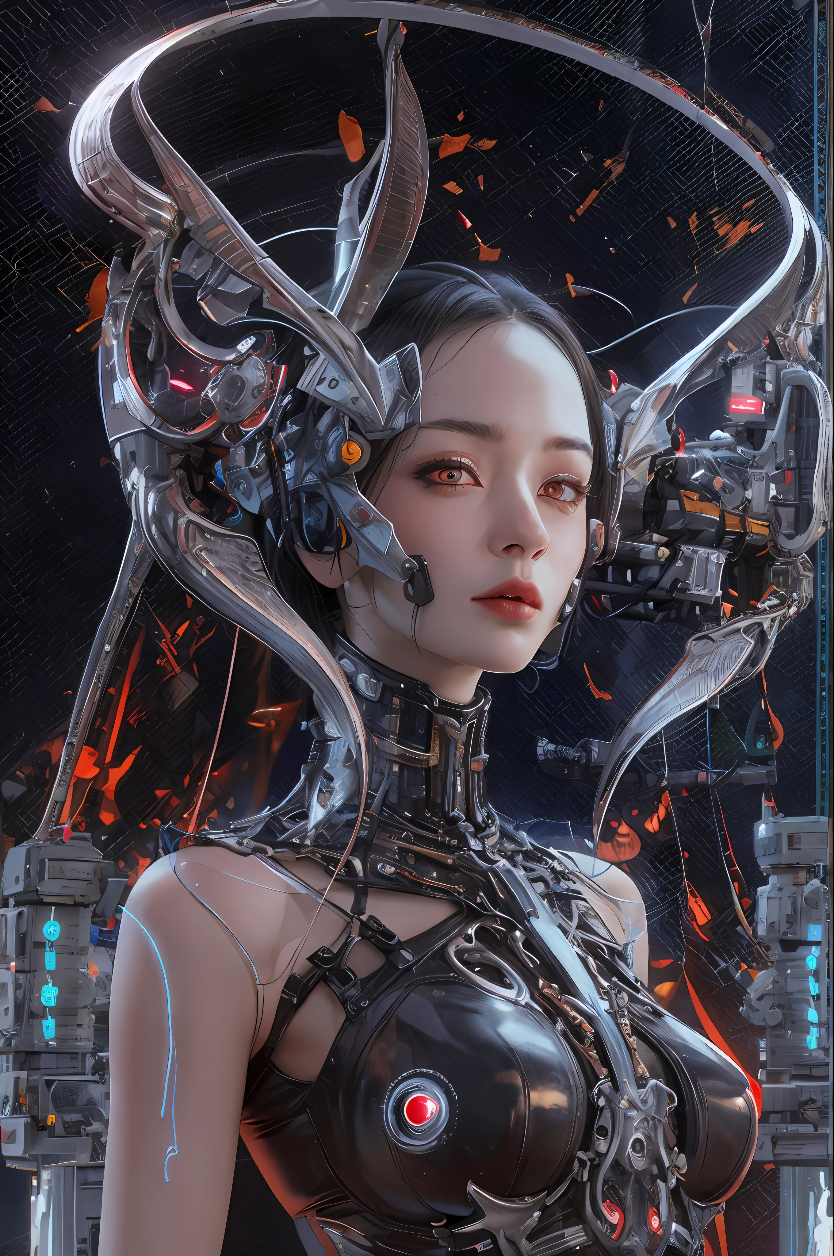 top-quality、masterpiece、超A high resolution、(Photorealsitic:1.4)、Raw photo、1人、Black hair、glowy skin、1 Machine Devil、large metal wings、Metal horns、((super realistic details))、portlate、globalillumination、Shadow、octan render、8K、ultrasharp、Colossal tits、Raw skin is exposed in cleavage、Black fiberglass body、Details of complex ornaments、About Cyberpunk、Glowing LEDs、IC chips、Data Links、Hydraulic cylinder、highly intricate detail、Realistic light、Red Eyes、radiant eyes、Facing the camera、neon details、Mechanical limbs、blood vessels connected to tubes、Mechanical vertebrae attached to the back、mechanical cervical attaching to neck、cowboy shot、Wires and cables connecting to the head、Luminous tube、Small LED lamp、Sumerian details、