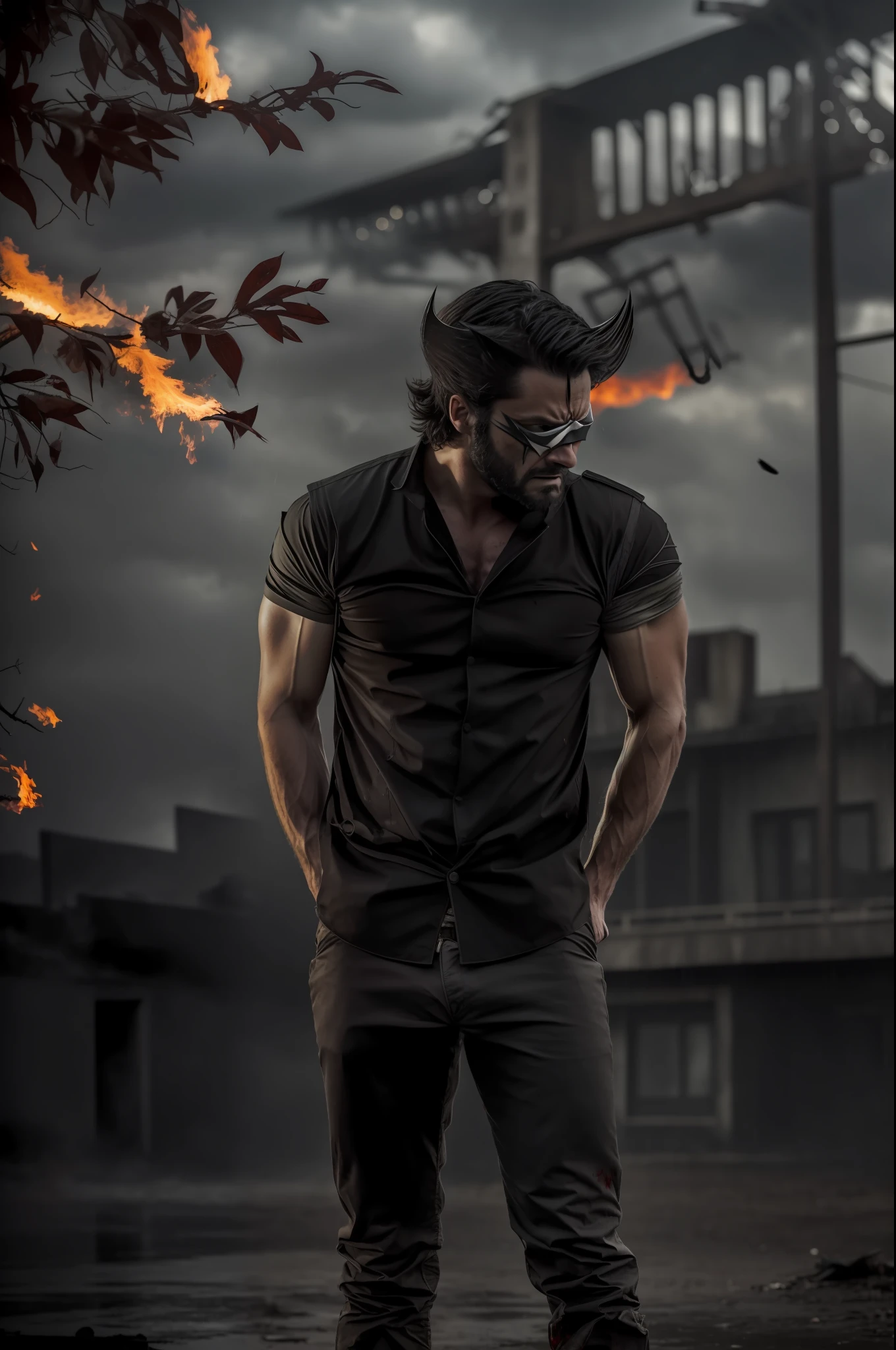 Make it dark and brutal , make me wolverine, add blood , and make war background, and add some rain and fire , Thunder ,photo should look dark and sad , it should lood real