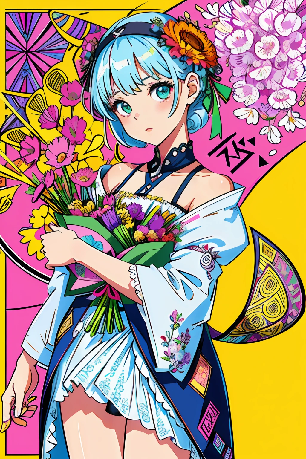 (ultra-detailed background, detailed background), absurdres, highres, ultra detailed, extremly detailed, 1girl, (bunch of flowers:1.3), (zentangle:1.2), (geometric:1.2),(colorful),