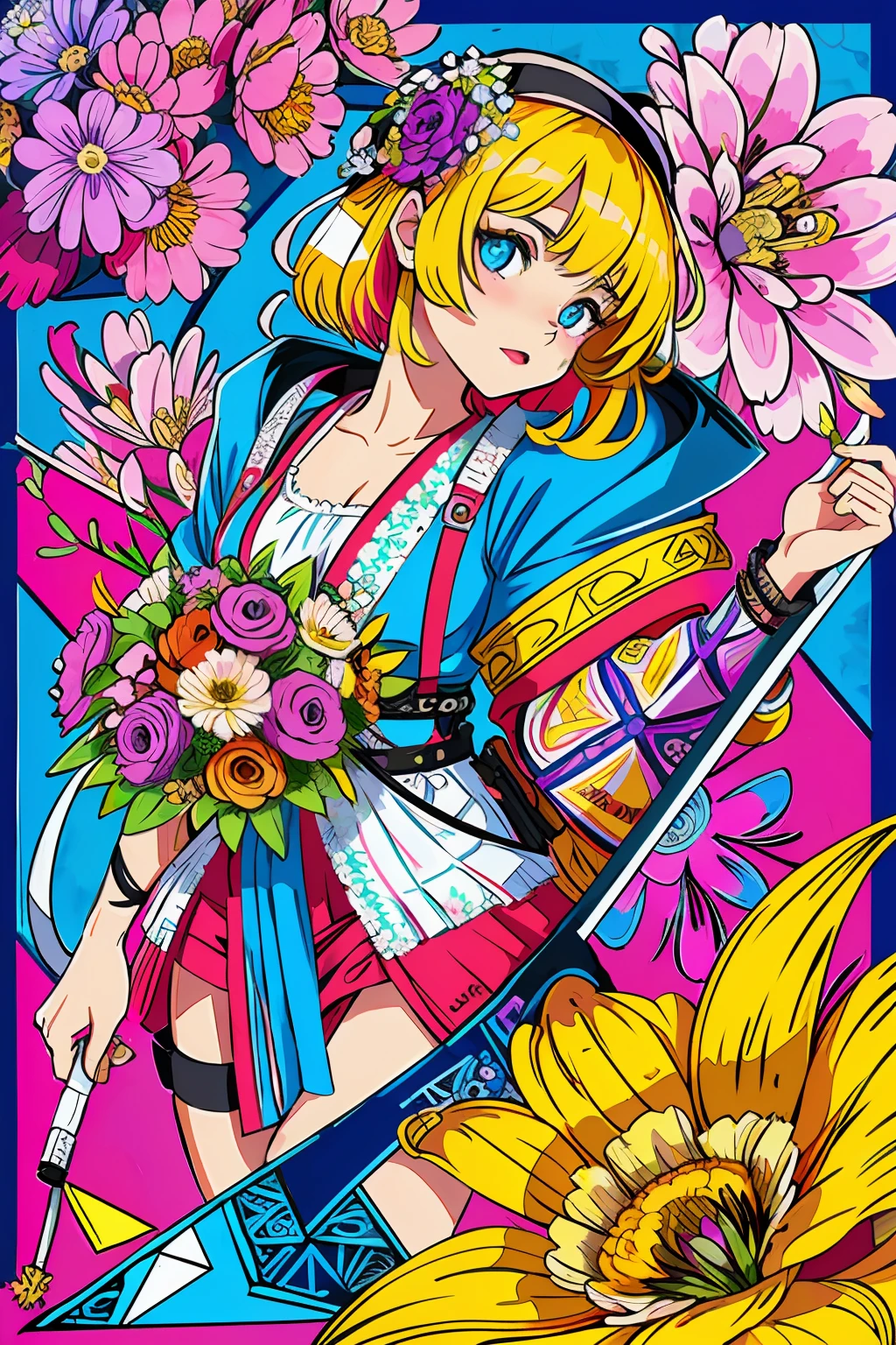 (ultra-detailed background, detailed background), absurdres, highres, ultra detailed, extremly detailed, 1girl, (bunch of flowers:1.3), (zentangle:1.2), (geometric:1.2),(colorful),