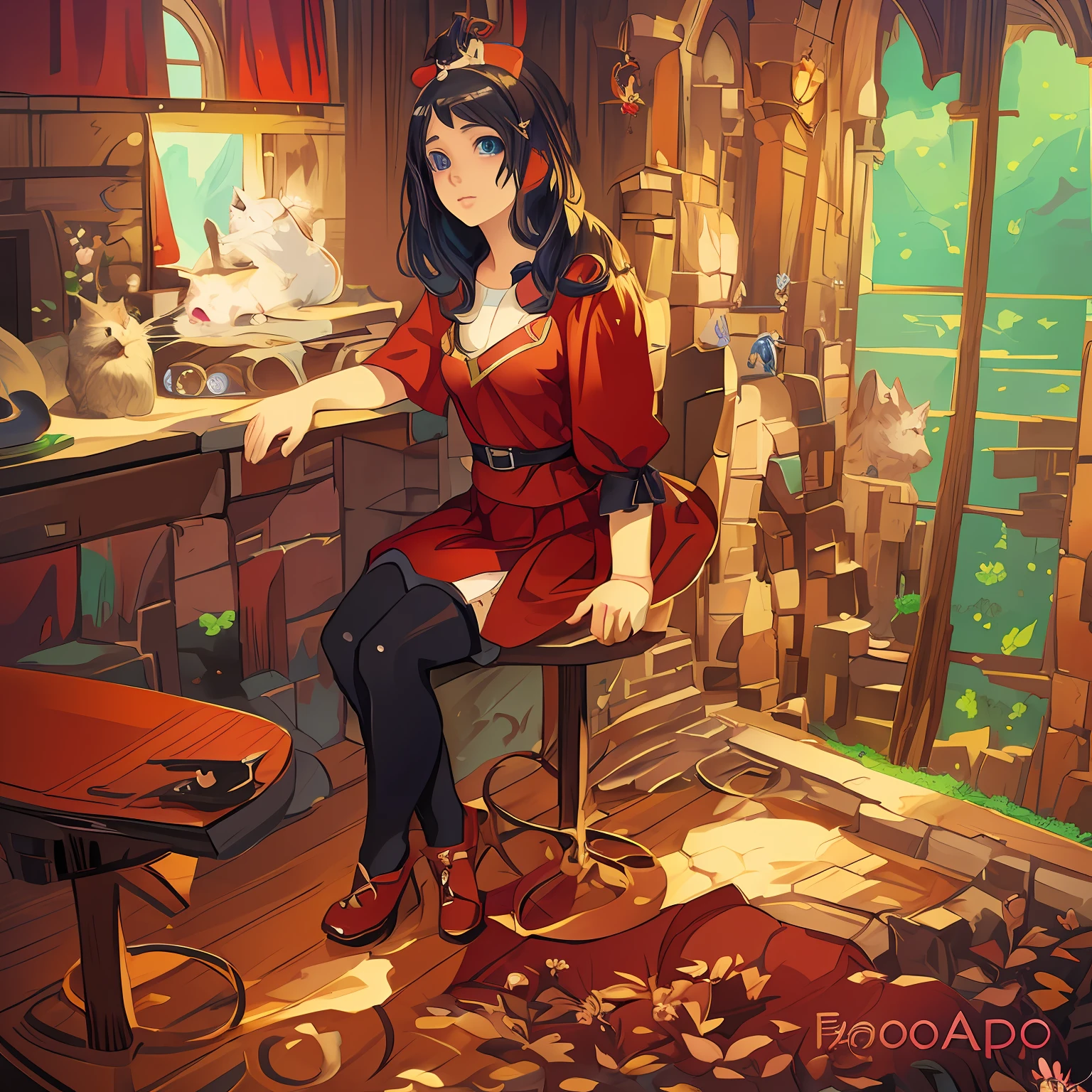 Anime girl sitting on a chair in a castle with a cat, fantasy art style, digital 2d fantasy art, Fantasy game art style, Fantasy digital painting, anime fantasy illustration, colorful digital fantasy art, fantasy style art, digital fantasy illustration, beautiful illustration, cute detailed digital art, 2. 5 d cgi anime fantasy artwork, fantasy matte painting,Cute