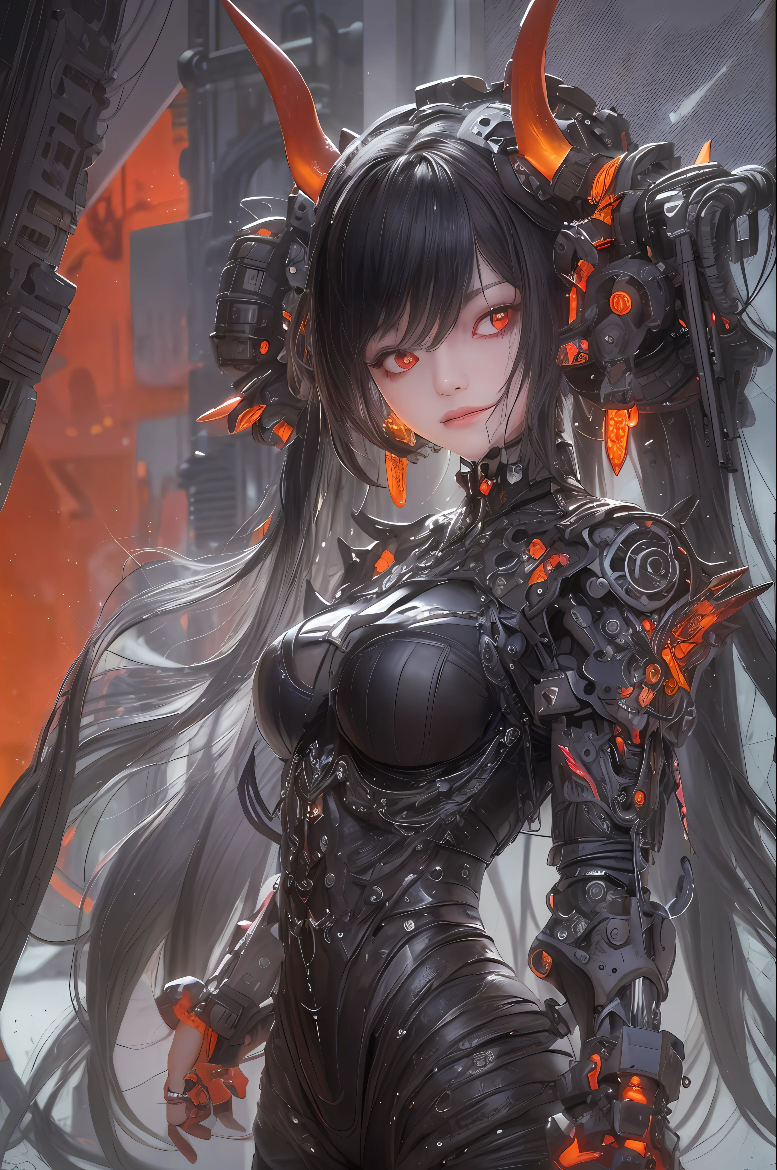 top-quality、masterpiece、超A high resolution、(Photorealsitic:1.4)、Raw photo、女の子1人、Black hair、glowy skin、1 Machine Devil、large metal wings、Metal horns、((super realistic details))、portlate、globalillumination、Shadow、octan render、8K、ultrasharp、Colossal tits、Raw skin is exposed in cleavage、Black fiberglass body、Details of complex ornaments、About Cyberpunk、Glowing LEDs、IC chips、Data Links、Hydraulic cylinder、highly intricate detail、Realistic light、Red Eyes、radiant eyes、Facing the camera、neon details、Mechanical limbs、blood vessels connected to tubes、Mechanical vertebrae attached to the back、mechanical cervical attaching to neck、cowboy shot、Wires and cables connecting to the head、Luminous tube、Small LED lamp、Sumerian details、
