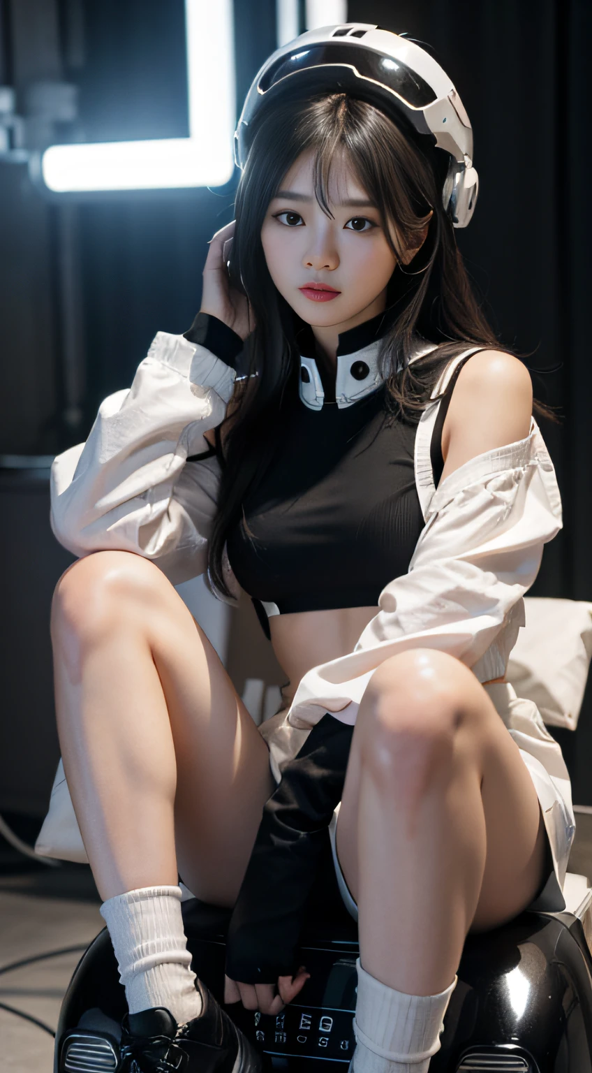 Highest image quality，Outstanding details，超高分辨率，（Fidelity：1.4），The best illustration，Favor the details，Highly cohesive 1girl，He has a delicate and beautiful face，Human real skin texture，Dressed in a white-pink mech，wearing a mech helmet，Hold the direction controller，Riding on a motorcycle，Legs exposed，Wear black socks on your legs，The background is a high-tech lighting scene in the future city。