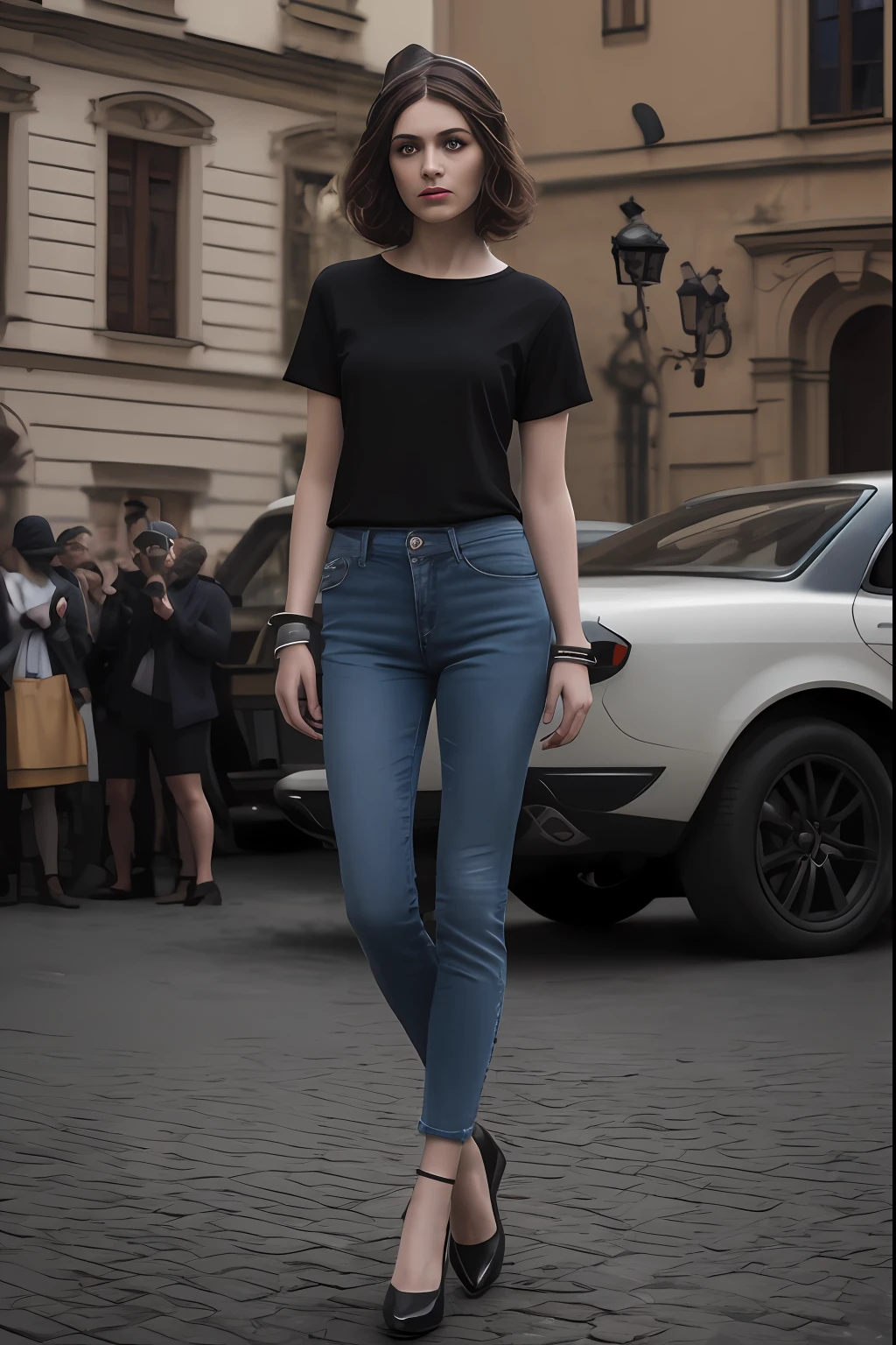 ((((colorful atmosphere,pale skin)))),a hyper realistic ultra detailed photograph of a Italian woman22, in black round neck plain Tee-shirt, skinny jeans, perfect legs, heel's, black hair's, basic black Teeshirt, full length tee-shirt, on the Prague Old Town Square,Prague Old Town Square background, walking, intricate, banquet, crowd, pale skin, [slight smile],detailed symmetric beautiful Brown eyes, detailed gorgeous face, peaky blinders environemt, polaroid style vintage photograph, trending on cg society, bauhaus, bulgari,official valentino editorial, sunlight, medium symmetry, neoprene, stylized digital art, smooth, ultra high definition, 8k, unreal engine 5, ultra sharp focus, award-winning photograph, Canon EOS 5D Mark IV DSLR, f/8, ISO 100, 1/250 highly detailed, vibrant, tight blue jeans, beautiful Italian girl, in black round neck plain Tee-shirt.