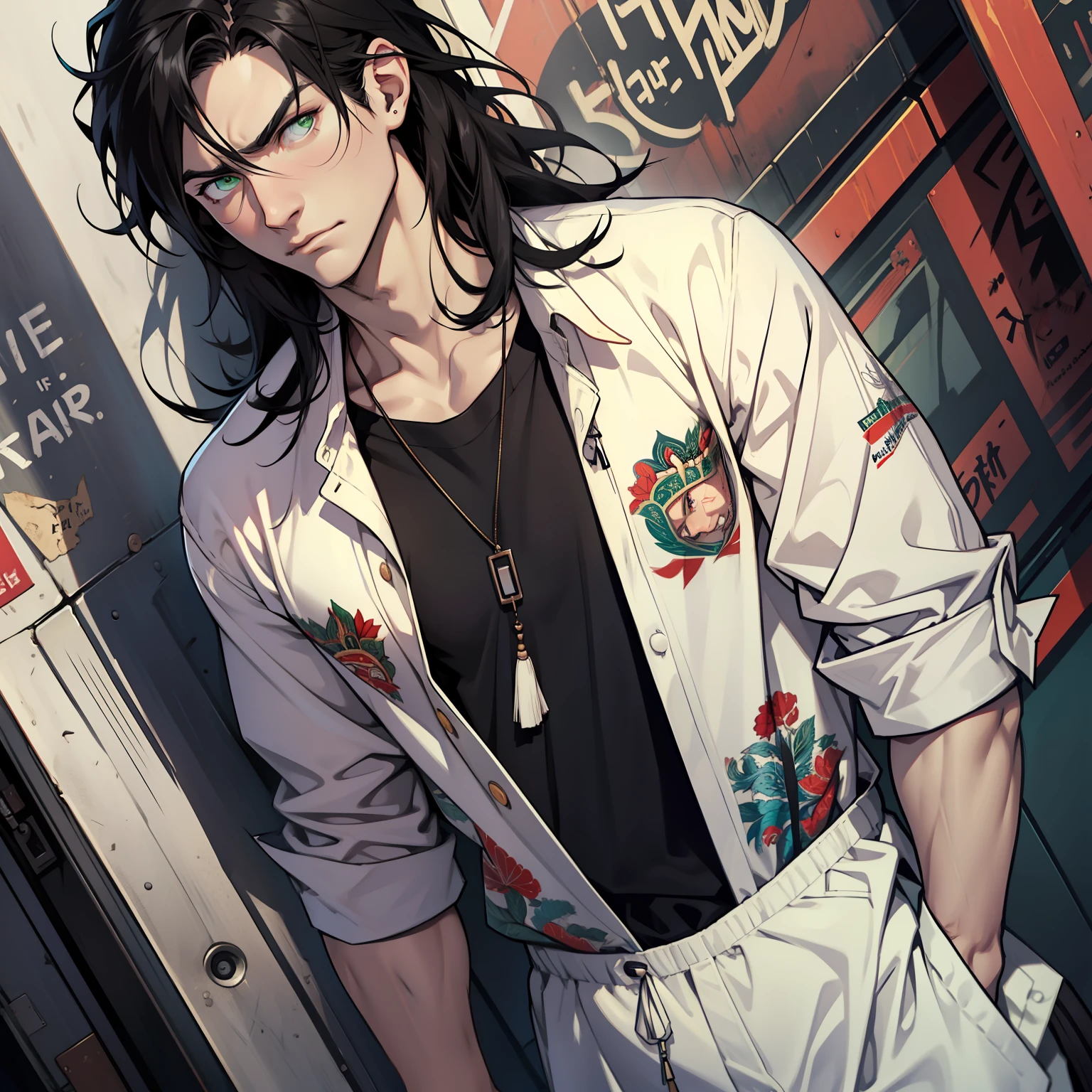 Handsome man, emerald eyes, black hair, long black hair, pale skin, casual clothes, bara, sad expression, going through breakup
