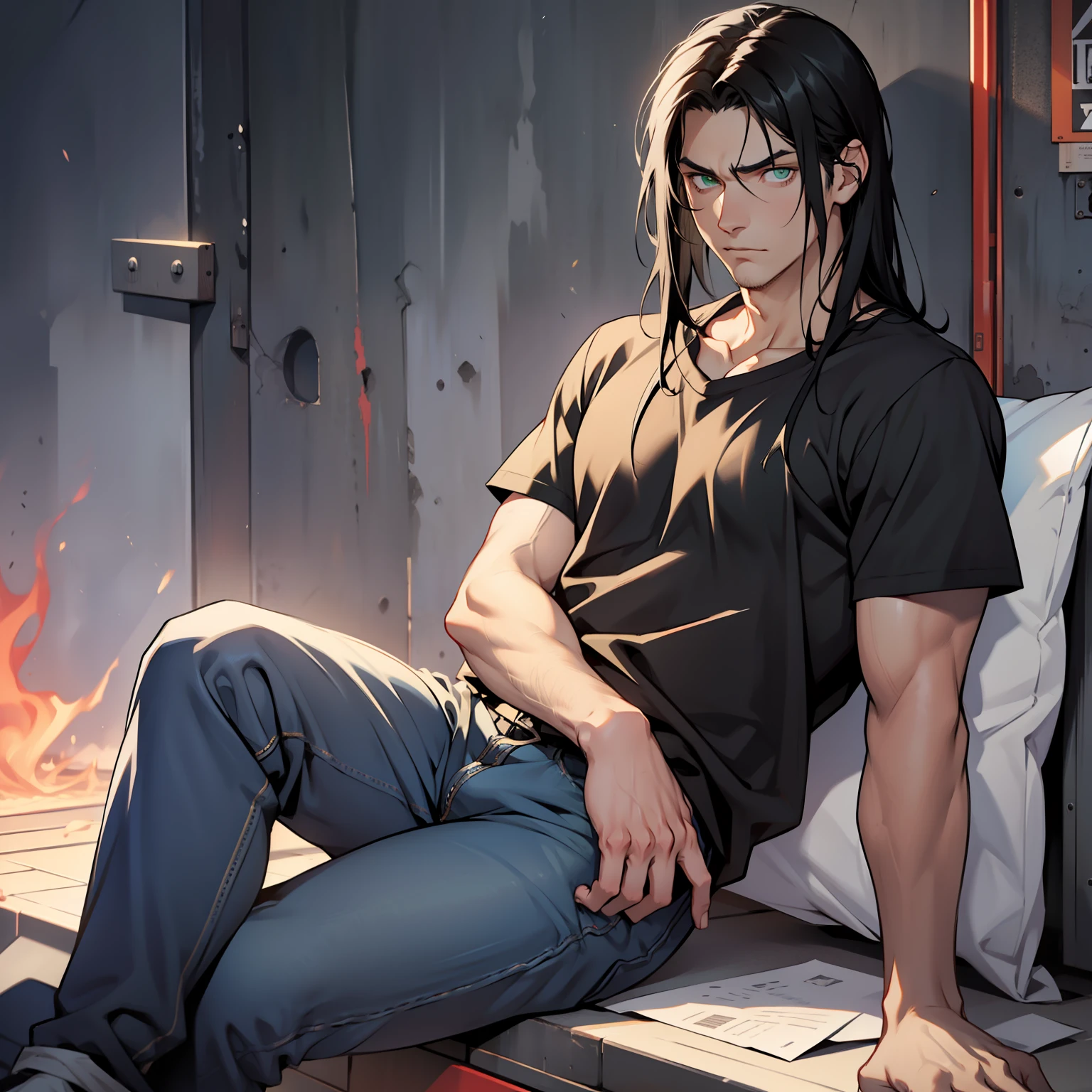 Handsome man, emerald eyes, black hair, long black hair, pale skin, casual clothes, bara, sad expression, going through breakup