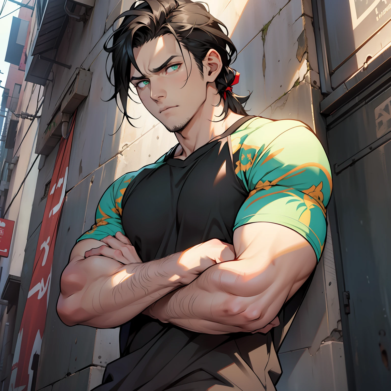 Handsome man, emerald eyes, black hair, long black hair, pale skin, casual clothes, bara, sad expression, going through breakup
