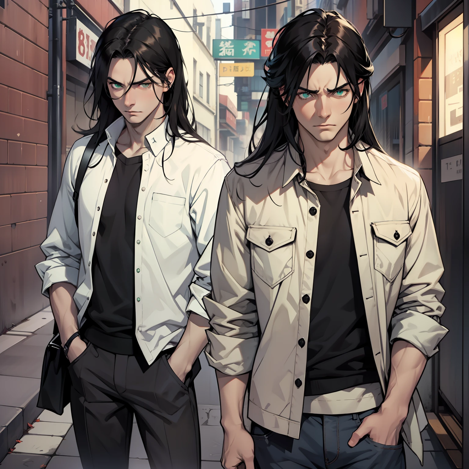 Handsome man, emerald eyes, black hair, long black hair, pale skin, casual clothes, bara, sad expression, going through breakup