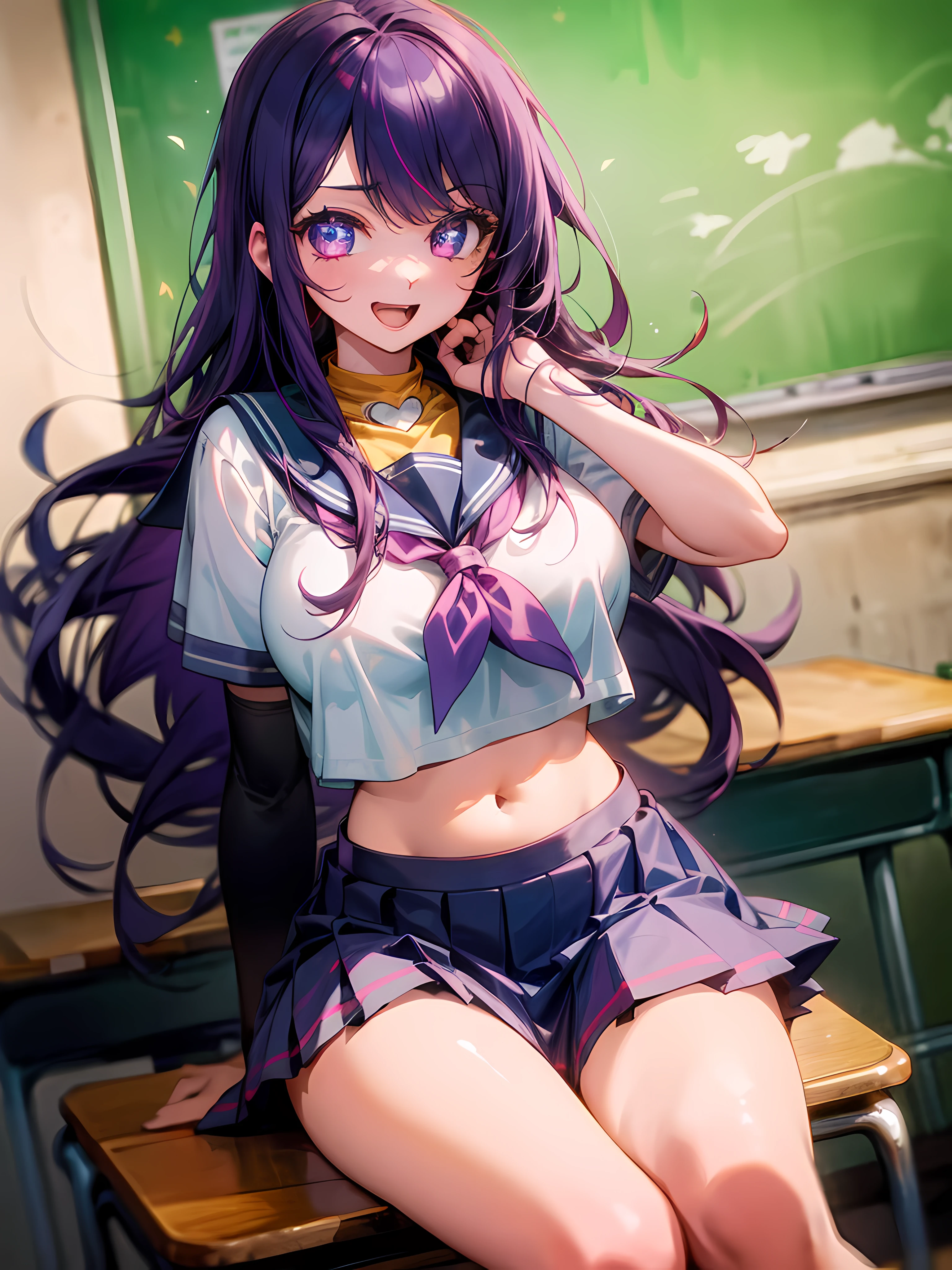 1girll, sitting on the classroom desk, ‎Classroom, Purple colored hair,Blowing hair, Long hair, Purple eye,Sparkling eyes,Shining eyes,Detailed eyes,Skirt, Solo, upper legs, Sailor school uniform, navel, Pleated skirt, midriff, Blue eyes, White shirt, Collar, Smile, Medium breasts, view the viewer, Open mouth,,Large breasts,