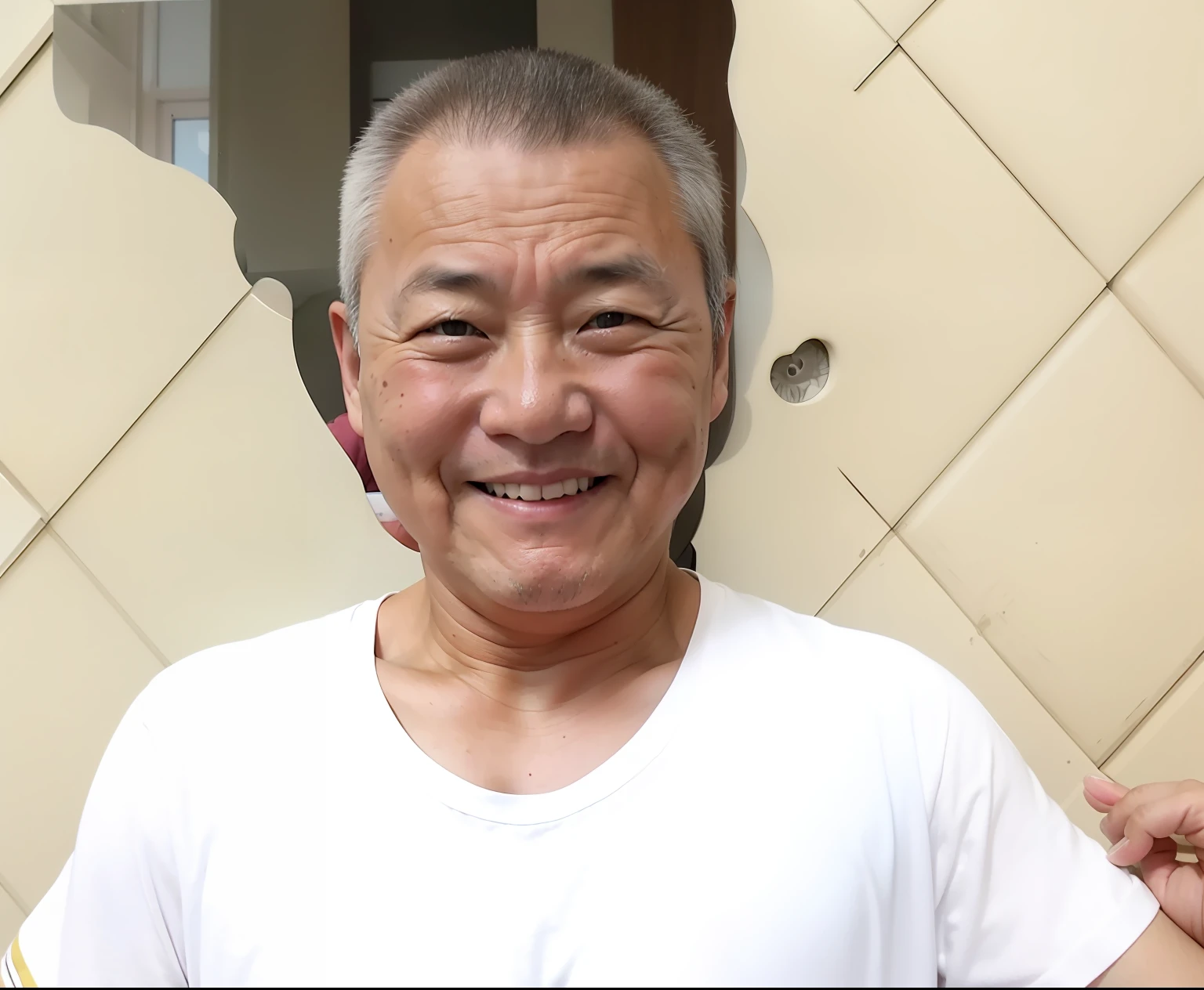 57-year-old Chinese man，In front of the windowsill，Smile and look at the camera，affable，No changes to the face
