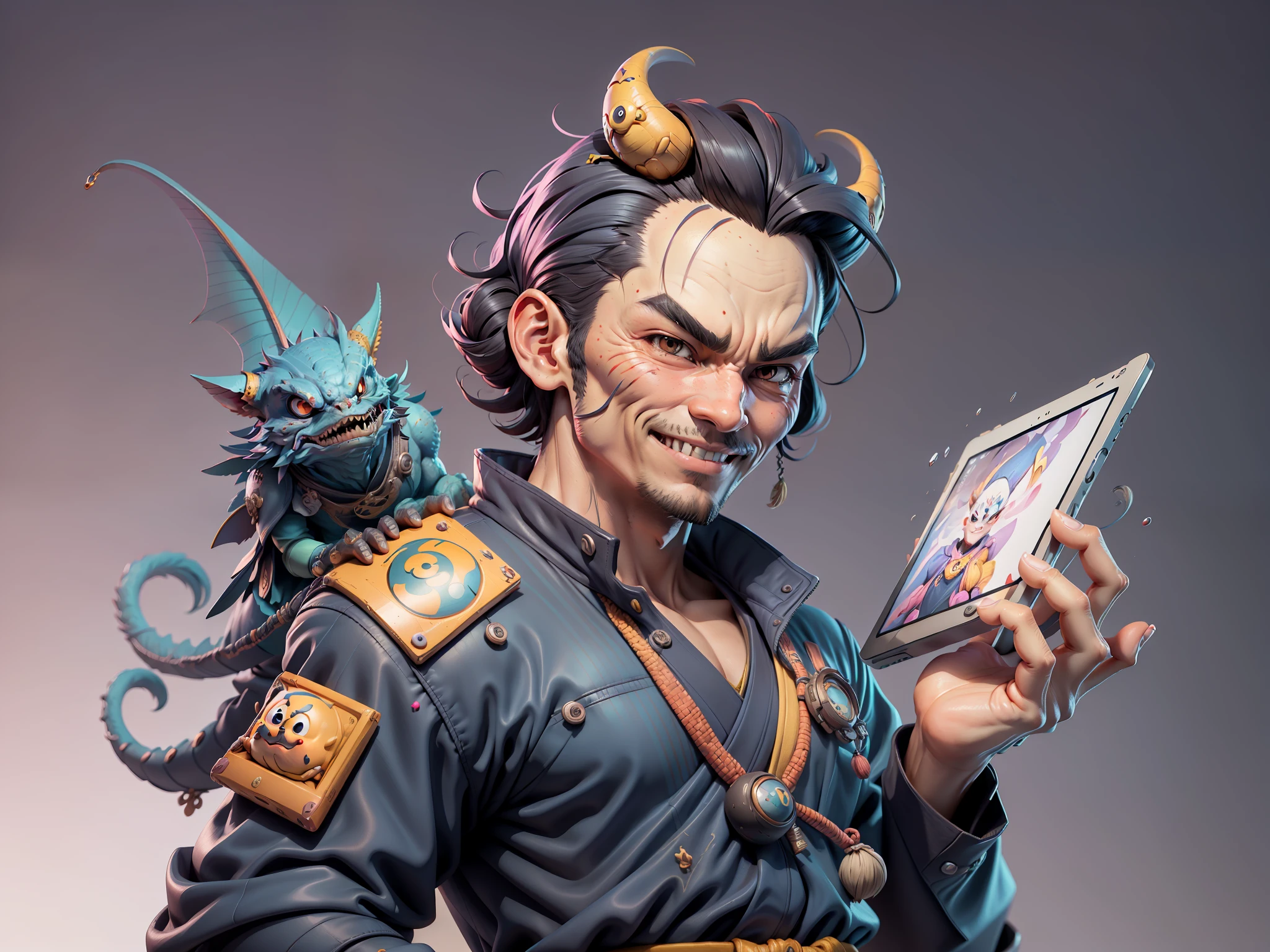 (Daisaku),(Need),(Super meticulous),(full bodyesbian:1.2),Super young man with Japanese geisha,Beautiful,Oriental dragon,Aeolian Thor,Raised sexy,爆乳,Oriental face,TV Anchor,Bust portrait illustration,In black suit,a blue tie,The face is slightly chubby,The face was clean,without a beard,Black super short hair,Black eyes,Smile confidently,3C computer sub-products,iPad, iphone,Digital painting,3D character design by Mark Clairen and Pixar and Hayao Miyazaki and Akira Toriyama,The illustration is a high-definition illustration in 4K resolution,With very detailed facial features and cartoon-style visuals。