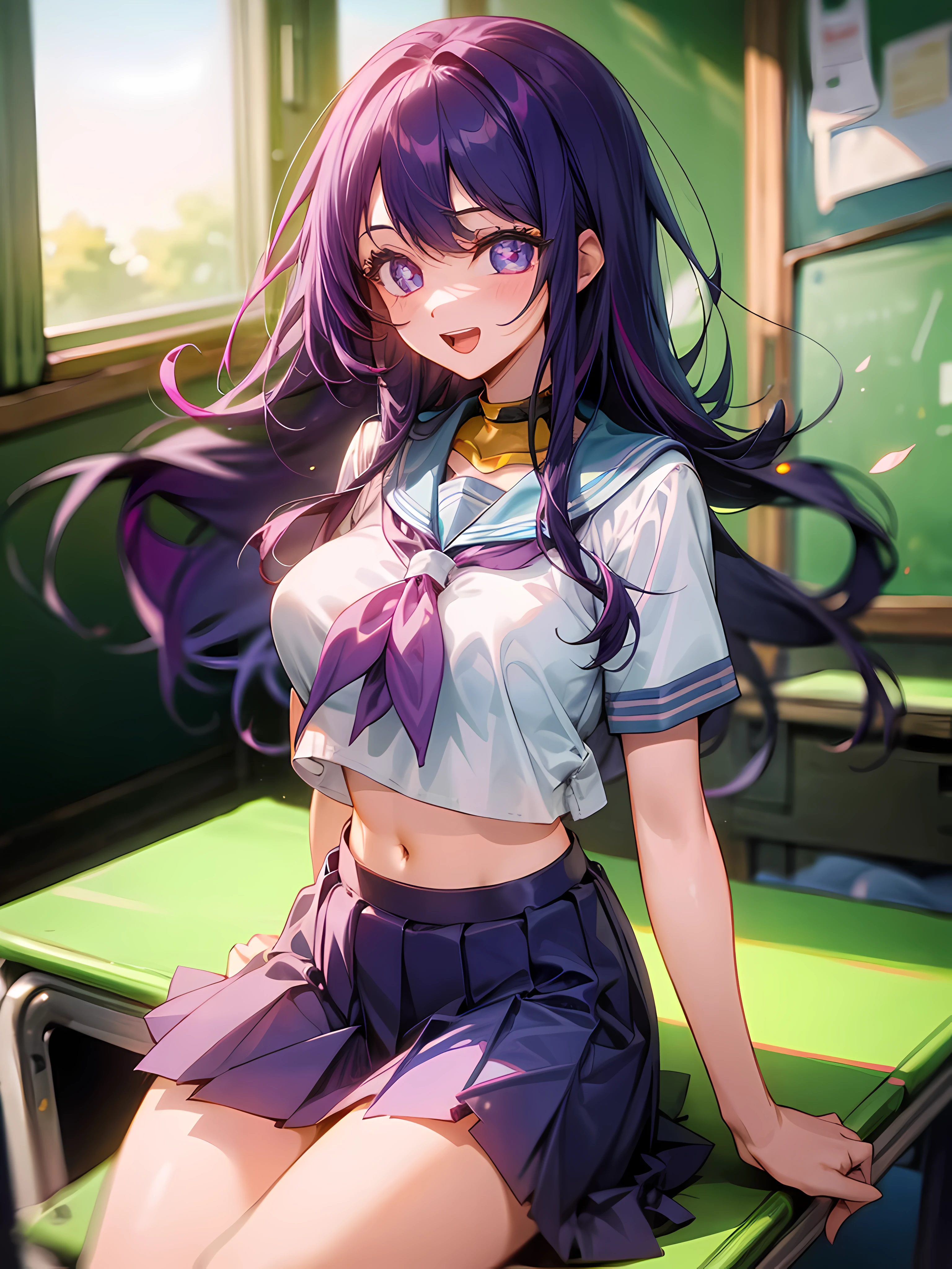 1girll, sitting on the classroom desk, Classroom, Purple colored hair,Blowing hair, Long hair, Purple eye,Sparkling eyes,Shining eyes,Detailed eyes,Skirt, Solo, upper legs, Sailor school uniform, navel, Pleated skirt, midriff, Blue eyes, White shirt, Collar, Smile, Medium breasts, view the viewer, Open mouth,,Large breasts,