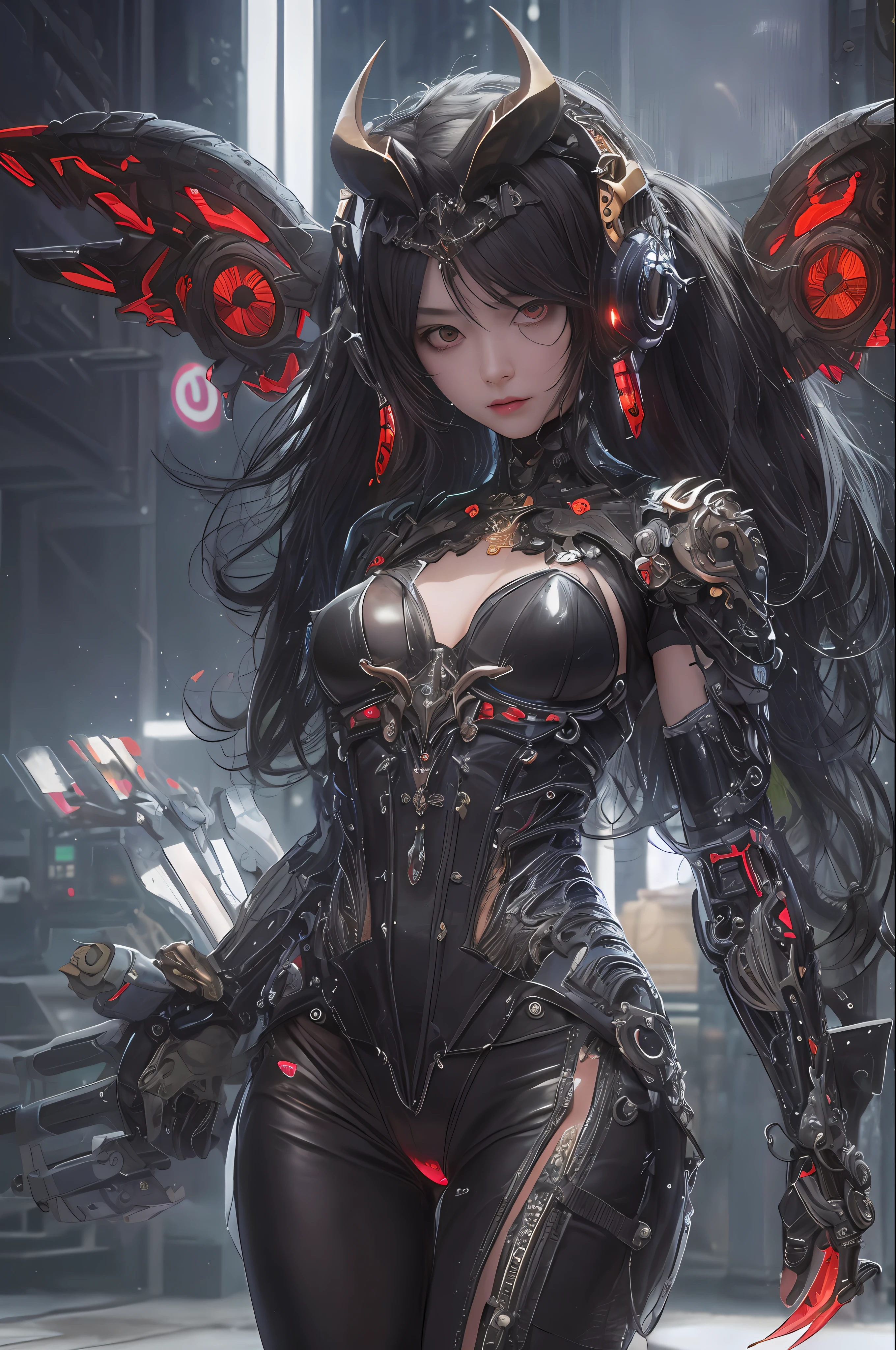 top-quality、masterpiece、超A high resolution、(Photorealsitic:1.4)、Raw photo、1人、Black hair、glowy skin、1 Machine Devil、large metal wings、Metal horns、((super realistic details))、portlate、globalillumination、Shadow、octan render、8K、ultrasharp、Colossal tits、Raw skin is exposed in cleavage、Black fiberglass body、Details of complex ornaments、About Cyberpunk、Glowing LEDs、IC chips、Data Links、Hydraulic cylinder、highly intricate detail、Realistic light、Red Eyes、radiant eyes、Facing the camera、neon details、Mechanical limbs、blood vessels connected to tubes、Mechanical vertebrae attached to the back、mechanical cervical attaching to neck、cowboy shot、Wires and cables connecting to the head、Luminous tube、Small LED lamp、Sumerian details、