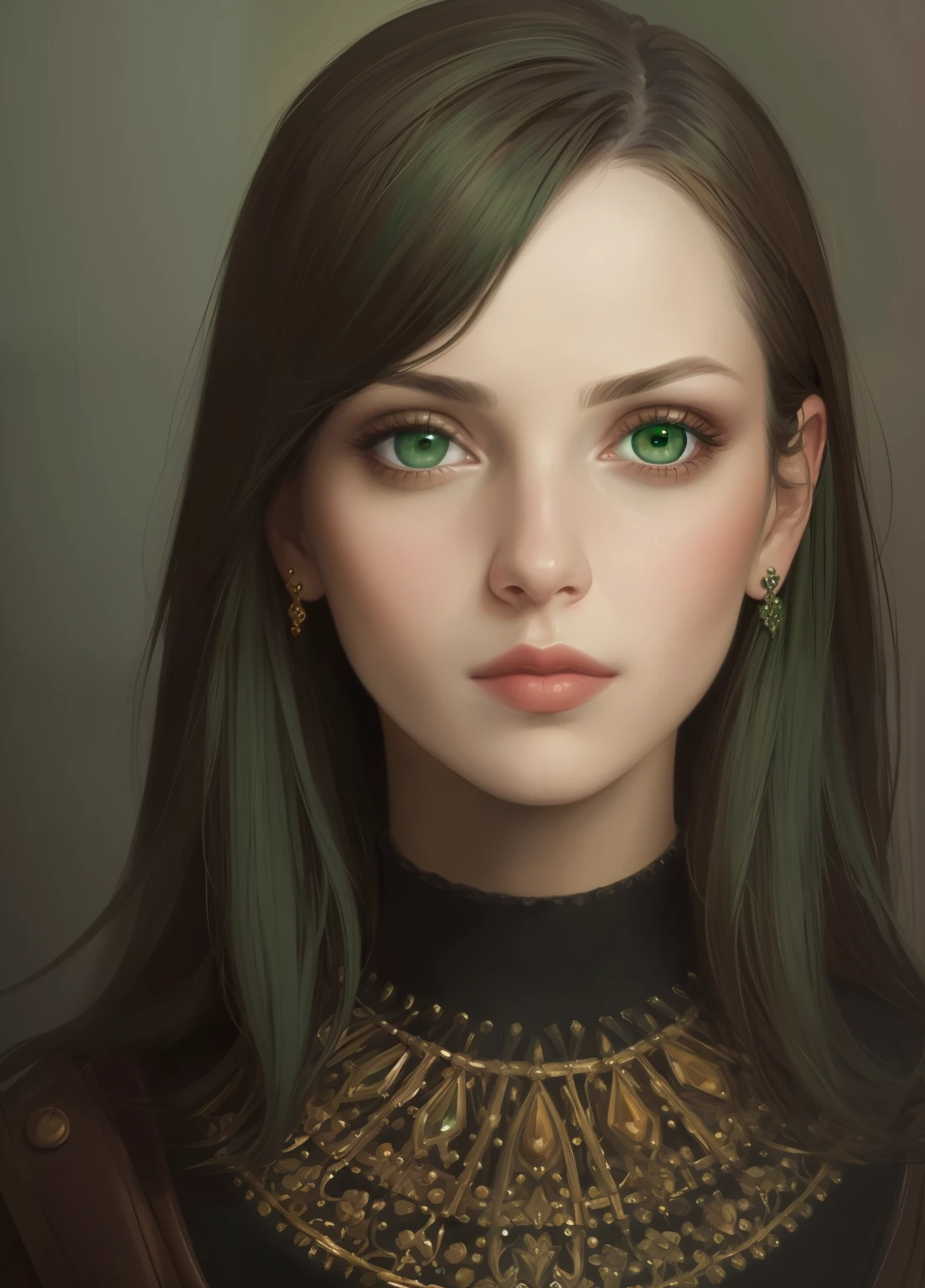 1girl, portrait, oil painting, modern, realistic proportions, dark green eyes, beautiful face, symmetrical face, symmetrical eyes, dynamic pose, intricate, intricate details, sharp focus