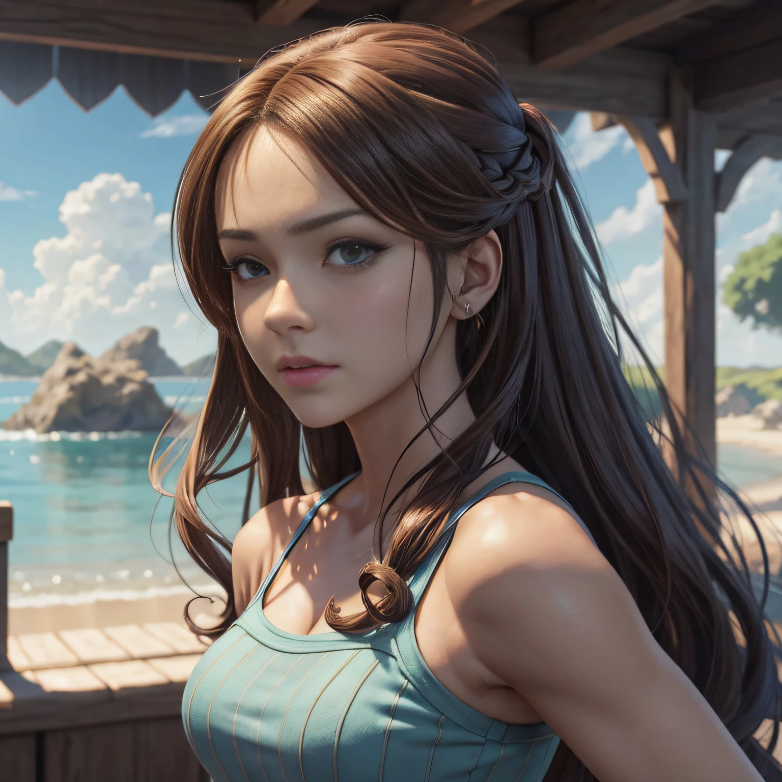 There's a full-bodied woman with long hair, retrato de personagem de closeup, Estilo de anime 3D realista, Estilo Realismo Anime, retrato detalhado da do anime, arte cg anime suave, photorealistic anime girl rendering, feito com anime painter studio, Artgerm. High detail, Anime estilo 3D, closeup retrato de personagem, arte de anime digital detalhada, Lean, athletic, magra com corpo ampulheta