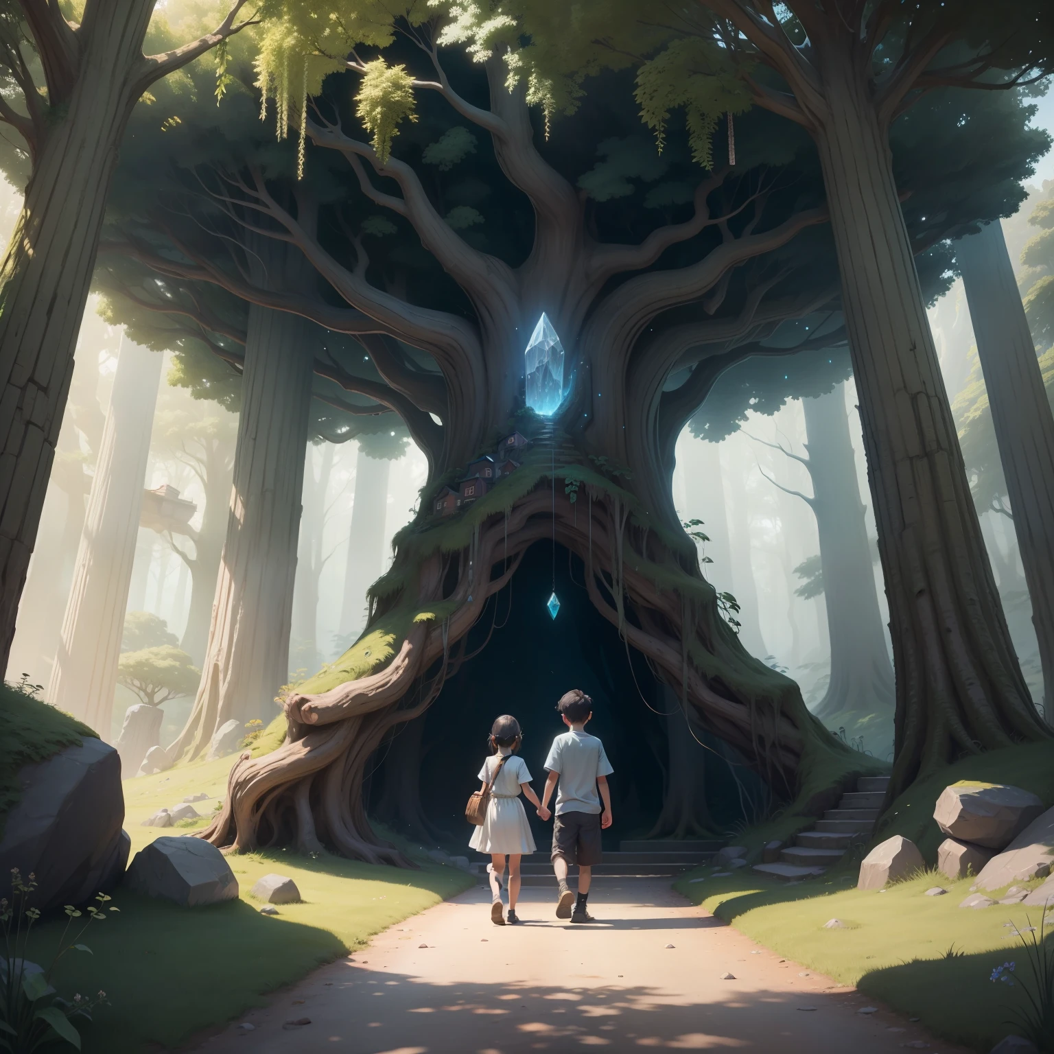 [In the image, we see two children Tuco a boy and Lisa a girl holding hands, with excited and curious looks, holding the treasure map between them.  Behind them, the Whispering Woods sprawls with tall, leafy trees, and a glistening stream runs along the path.  They are surrounded by elements that represent the challenges and clues they found on their journey: a stone with enigmatic inscriptions, a giant tree that touches the sky, a stone bridge hiding a tunnel, a glowing cave with glittering crystals, and in the center picture, a treasure chest opened, revealing the ancient books and maps they found.  The image conveys a sense of adventure, mystery and discovery, with a touch of magic and enchantment.]