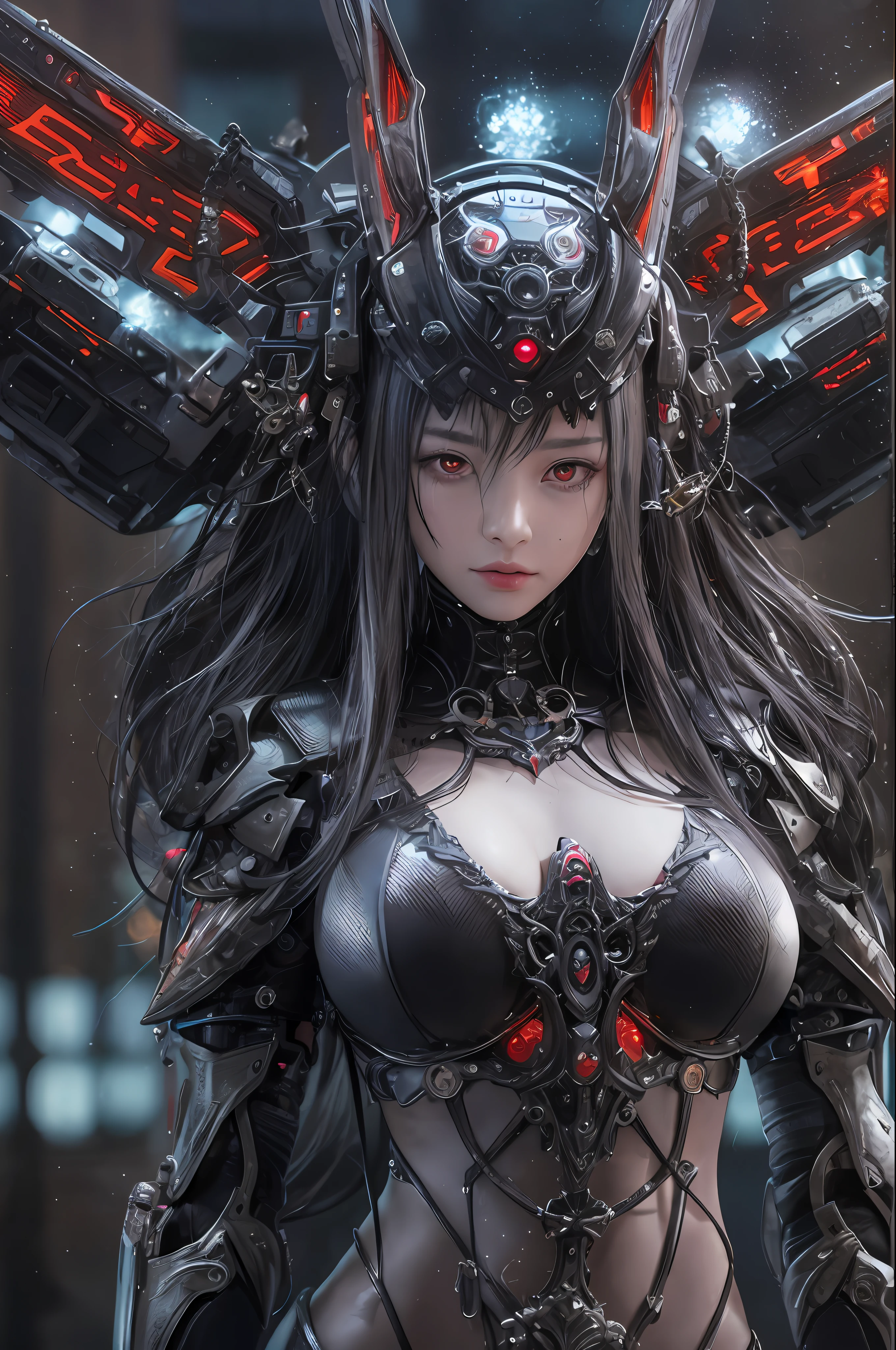 top-quality、​masterpiece、超A high resolution、(Photorealsitic:1.4)、Raw photo、女の子1人、Black hair、glowy skin、1 Machine Devil、large metal wings、Metal horns、((super realistic details))、portlate、globalillumination、Shadow、octan render、8K、ultrasharp、Colossal tits、Raw skin is exposed in cleavage、Black fiberglass body、Details of complex ornaments、About Cyberpunk、Glowing LEDs、IC chips、Data Links、Hydraulic cylinder、highly intricate detail、Realistic light、Red Eyes、radiant eyes、Facing the camera、neon details、Mechanical limbs、blood vessels connected to tubes、Mechanical vertebrae attached to the back、mechanical cervical attaching to neck、cowboy  shot、Wires and cables connecting to the head、Luminous tube、Small LED lamp、Sumerian details、