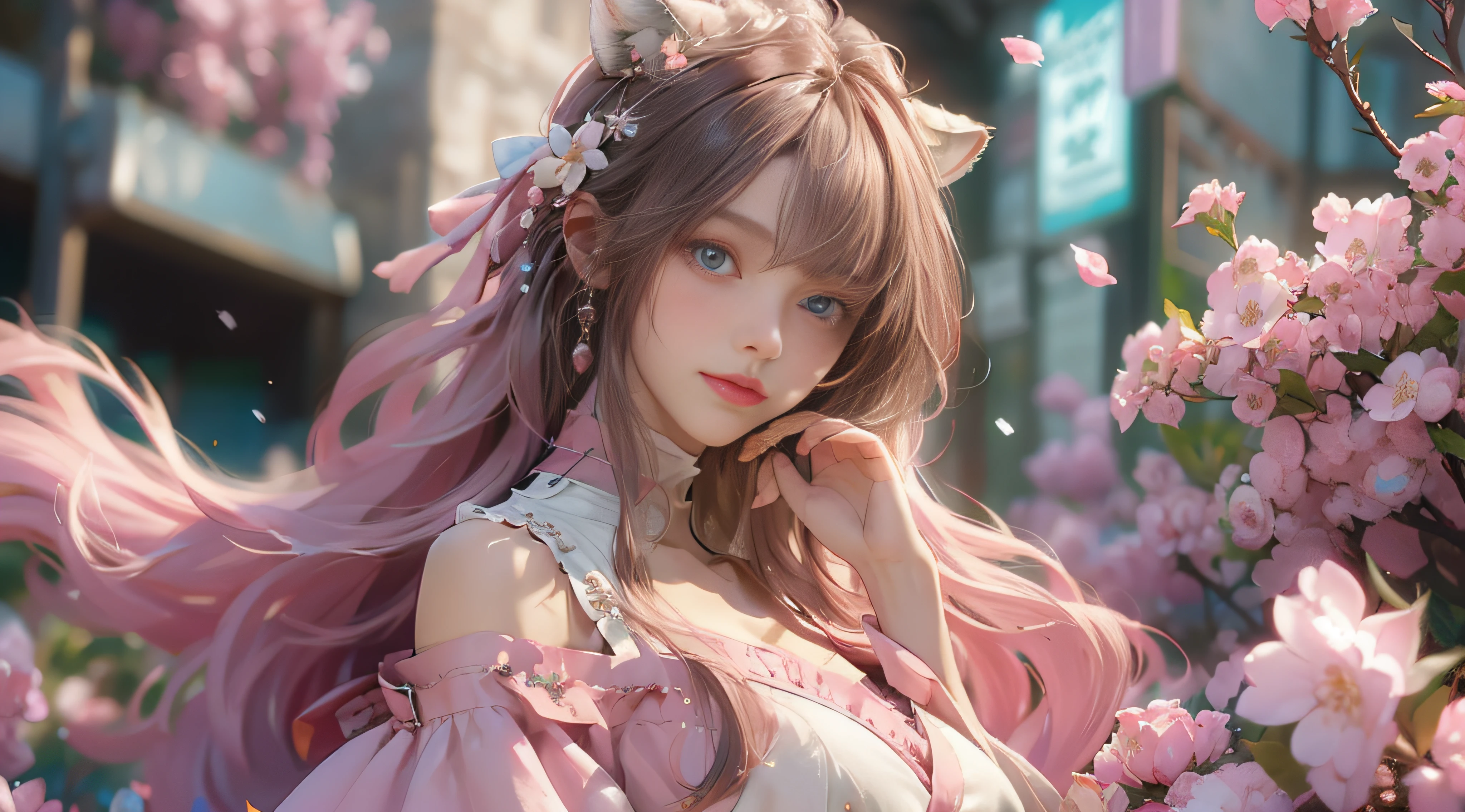 ((best qualtiy)), ((tmasterpiece)), (detail:1.4), Beautiful cyberpunk female images,hdr(HighDynamicRange),Ray traching,NVIDIA RTX,Hyper-Resolution,illusory 5,sub surface scattering,PBR textures,post-proces,Anisotropy Filtering,depth of fields,maximum definition and sharpness,Many-Layer Textures,Albedo e mapas Speculares,Surface coloring,Mitsu-Accurate simulation of material interactions,perfectly proportioned,rendering by octane,Two-colored light,largeaperture,Low ISO,White balance,Rule three points、8K raw data、Beautiful bright blue pupils,off-the-shoulder clothes,Fine pupils,Delicate face and eyes,long eyelasher,Blushlush,Delicate and fluffy hair,pink lip,Pure,Cute face,Sweet girl,Artistic sense,Casual wear,Advancedsense,butterflys,Cherry blossom petal,Beautiful hair accessories,Long hair and waist,Hair fluttering in the wind,Snow-white fox ears,curlies,Lots of white and pink,Complicated details