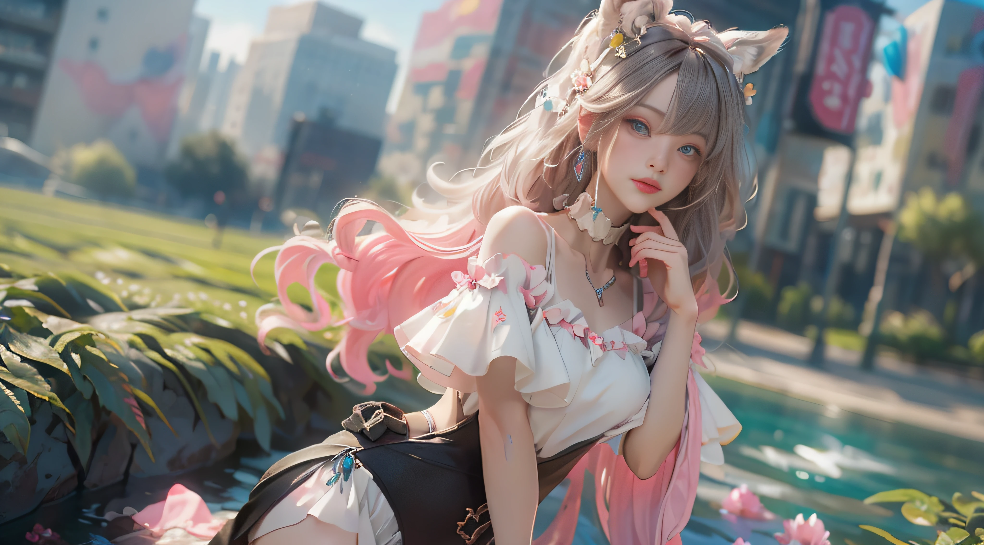 ((best qualtiy)), ((tmasterpiece)), (detail:1.4), Beautiful cyberpunk female images,hdr(HighDynamicRange),Ray traching,NVIDIA RTX,Hyper-Resolution,illusory 5,sub surface scattering,PBR textures,post-proces,Anisotropy Filtering,depth of fields,maximum definition and sharpness,Many-Layer Textures,Albedo e mapas Speculares,Surface coloring,Mitsu-Accurate simulation of material interactions,perfectly proportioned,rendering by octane,Two-colored light,largeaperture,Low ISO,White balance,Rule three points、8K raw data、Beautiful bright blue pupils,off-the-shoulder clothes,Fine pupils,Delicate face and eyes,long eyelasher,Blushlush,Delicate and fluffy hair,pink lip,Pure,Cute face,Sweet girl,Artistic sense,Casual wear,Advancedsense,butterflys,Cherry blossom petal,Beautiful hair accessories,Long hair and waist,Hair fluttering in the wind,Snow-white fox ears,curlies,Lots of white and pink,Complicated details
