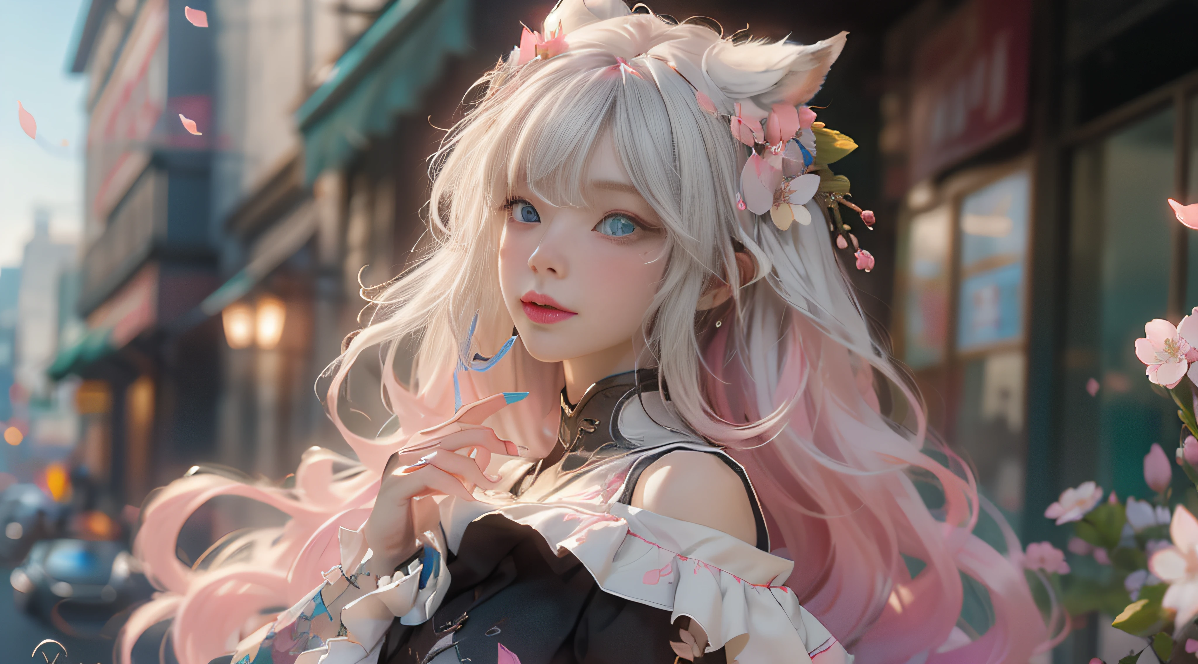 ((best qualtiy)), ((tmasterpiece)), (detail:1.4), Beautiful cyberpunk female images,hdr(HighDynamicRange),Ray traching,NVIDIA RTX,Hyper-Resolution,illusory 5,sub surface scattering,PBR textures,post-proces,Anisotropy Filtering,depth of fields,maximum definition and sharpness,Many-Layer Textures,Albedo e mapas Speculares,Surface coloring,Mitsu-Accurate simulation of material interactions,perfectly proportioned,rendering by octane,Two-colored light,largeaperture,Low ISO,White balance,Rule three points、8K raw data、Beautiful bright blue pupils,off-the-shoulder clothes,Fine pupils,Delicate face and eyes,long eyelasher,Blushlush,Delicate and fluffy hair,pink lip,Pure,Cute face,Sweet girl,Artistic sense,Casual wear,Advancedsense,butterflys,Cherry blossom petal,Beautiful hair accessories,Long hair and waist,Hair fluttering in the wind,Snow-white fox ears,curlies,Lots of white and pink,Complicated details