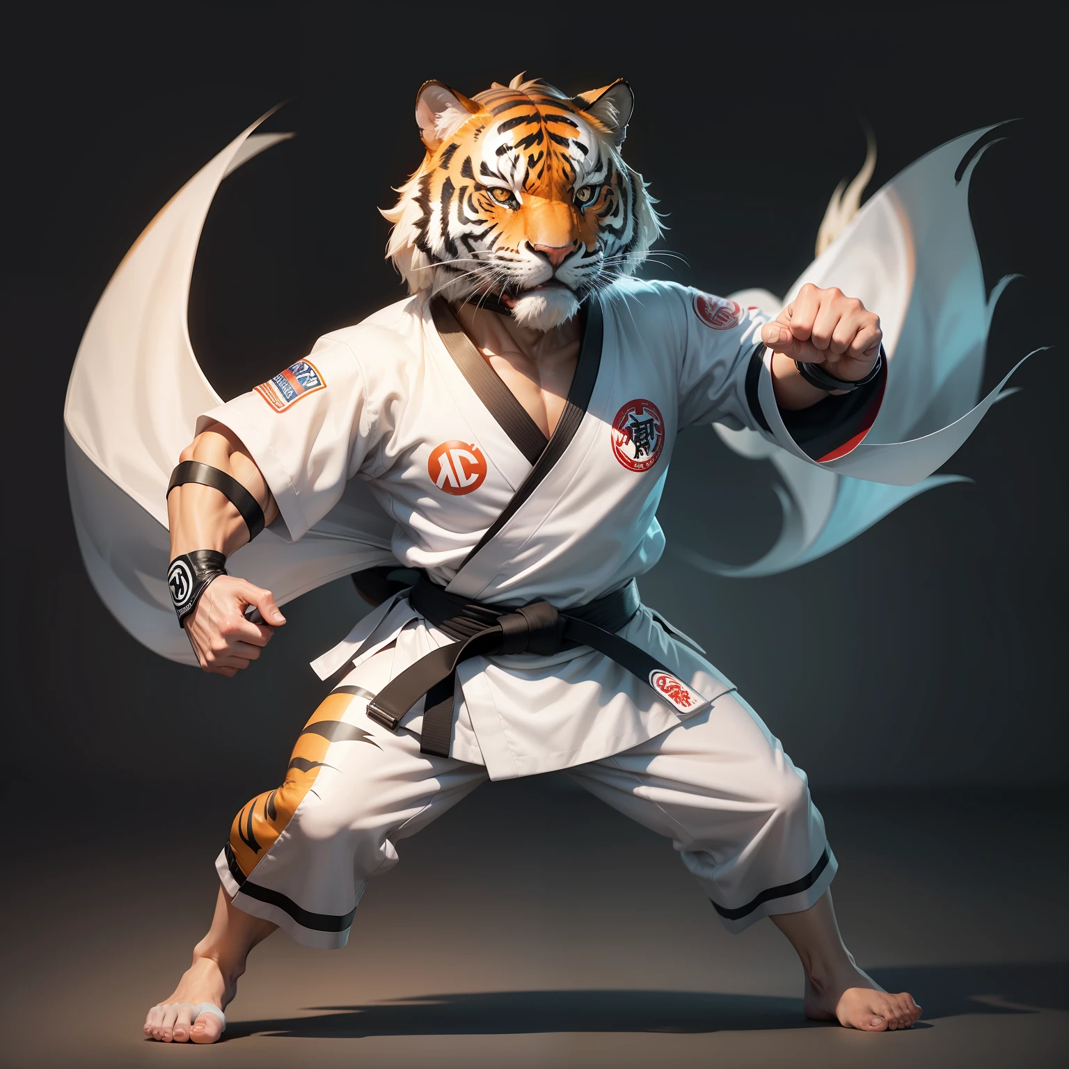 BRAVO TIGRE KARATE MASCOT, FULL BODY WHITE KIMONO, BLACK BELT
