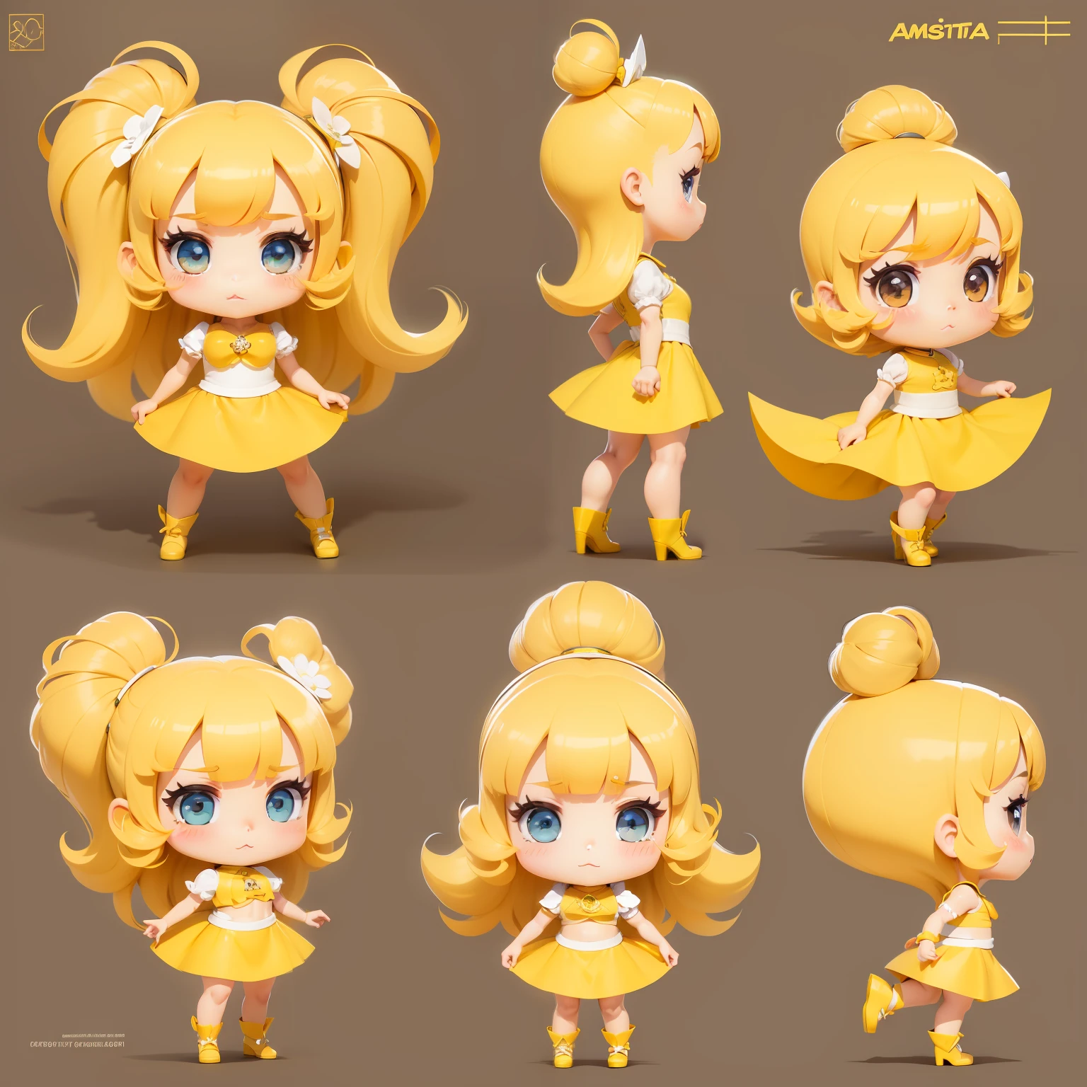 Model Sheet de calopsita, amarelo com branco, estilo chibi, kawaii.