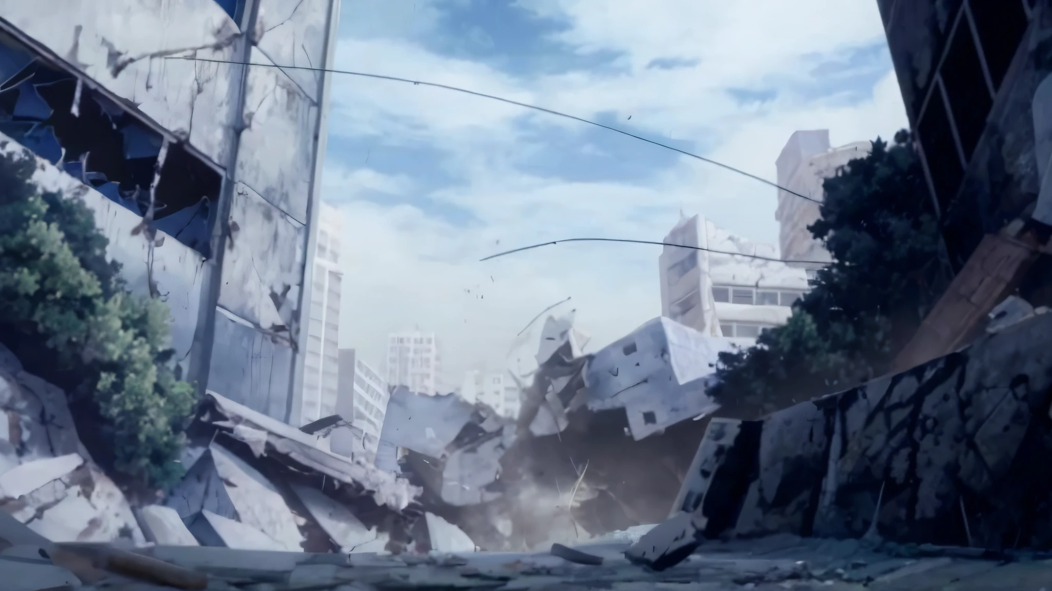 Anime scene of a city with a broken building and a broken tree, Captura de pantalla de un anime de 2012, Ciudad destruida en el fondo, Screenshot of anime movie, Fotograma de anime de TV, Fotograma del anime, Captura de pantalla de Guro Anime, Ruinas de paisajes urbanos en la distancia, escena anime, Antecedentes del anime, Destruyendo un paisaje urbano, El fondo es una ciudad en ruinas, luz de atardecer