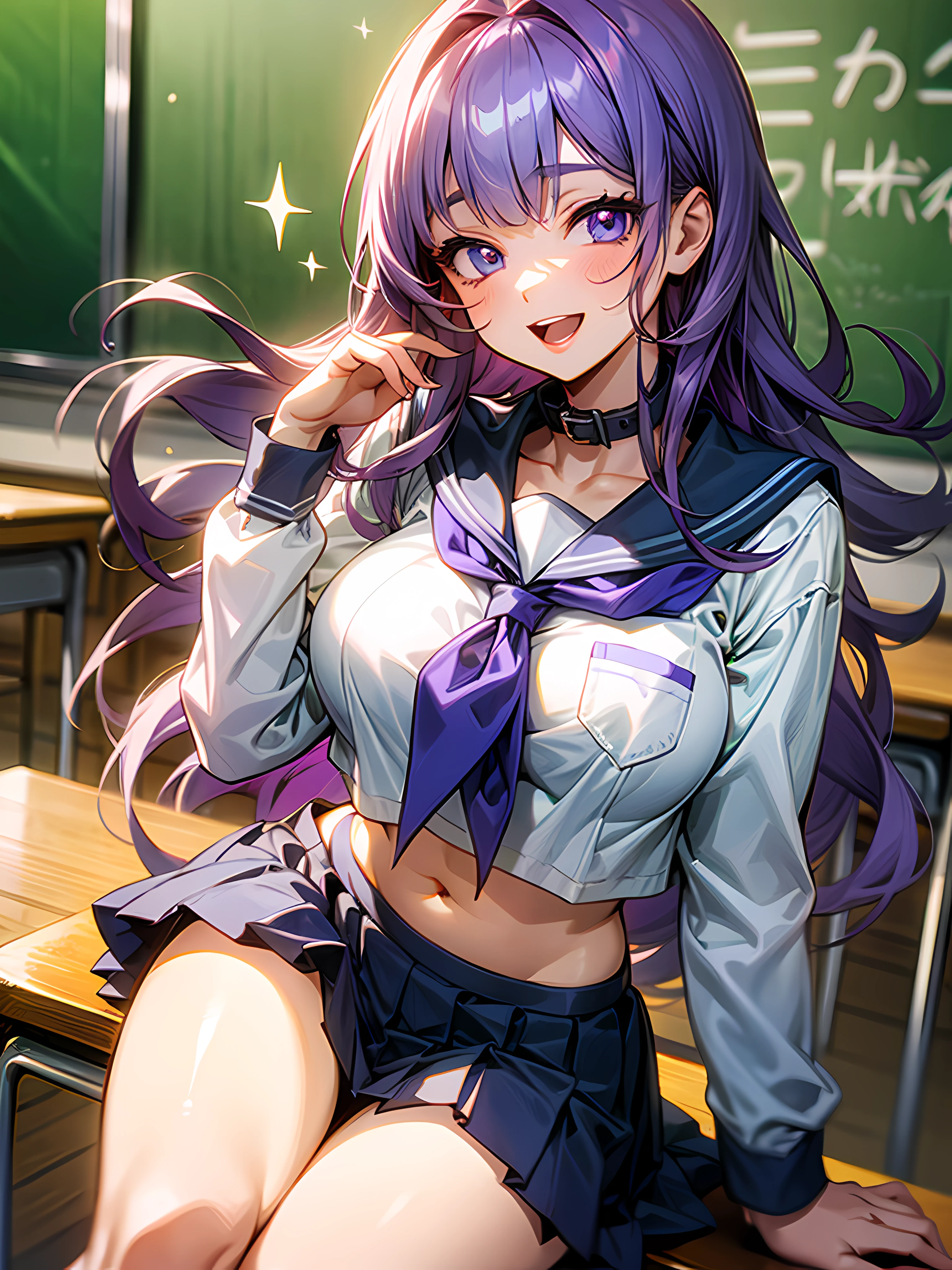 1girll, sitting on the classroom desk, ‎Classroom, Purple colored hair,Blowing hair, Long hair, Purple eye,Star eyes,Sparkling eyes,Shining eyes,Detailed eyes,Skirt, Solo, upper legs, Sailor school uniform, navel, Pleated skirt, midriff, Blue eyes, White shirt, Collar, Smile, Medium breasts, view the viewer, Open mouth,,Large breasts,