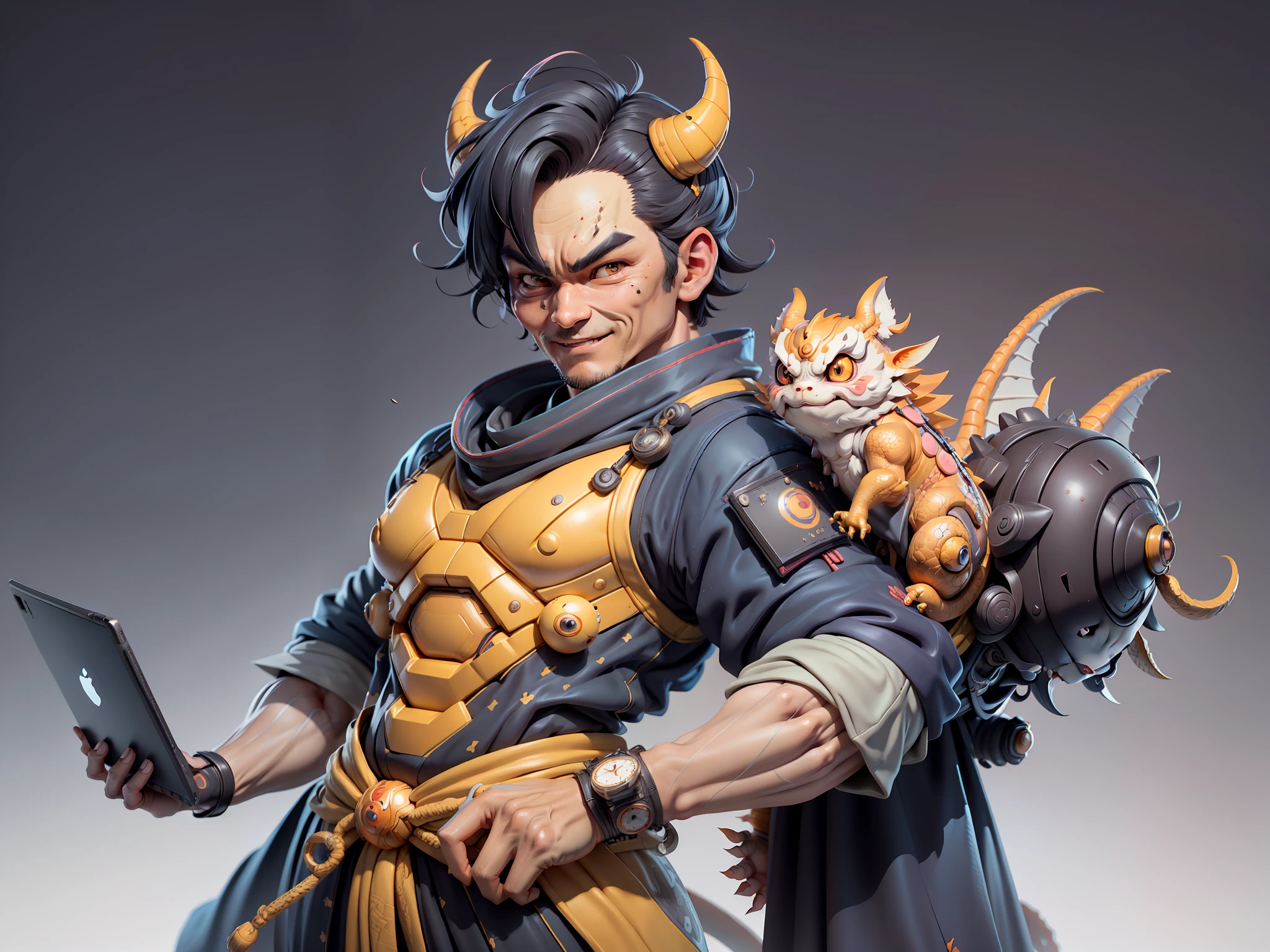 (Daisaku),(Need),(Super meticulous),(full bodyesbian:1.2),Super young man with Japanese geisha，Beautiful，Oriental dragon，Aeolian Thor，Raised sexy，爆乳，Oriental face，TV Anchor，Bust portrait illustration，In black suit，a blue tie，The face is slightly chubby，The face was clean，without a beard，Black super short hair，Black eyes，Smile confidently，3C computer sub-products，iPad， iphone，Digital painting，3D character design by Mark Clairen and Pixar and Hayao Miyazaki and Akira Toriyama，The illustration is a high-definition illustration in 4K resolution，With very detailed facial features and cartoon-style visuals。